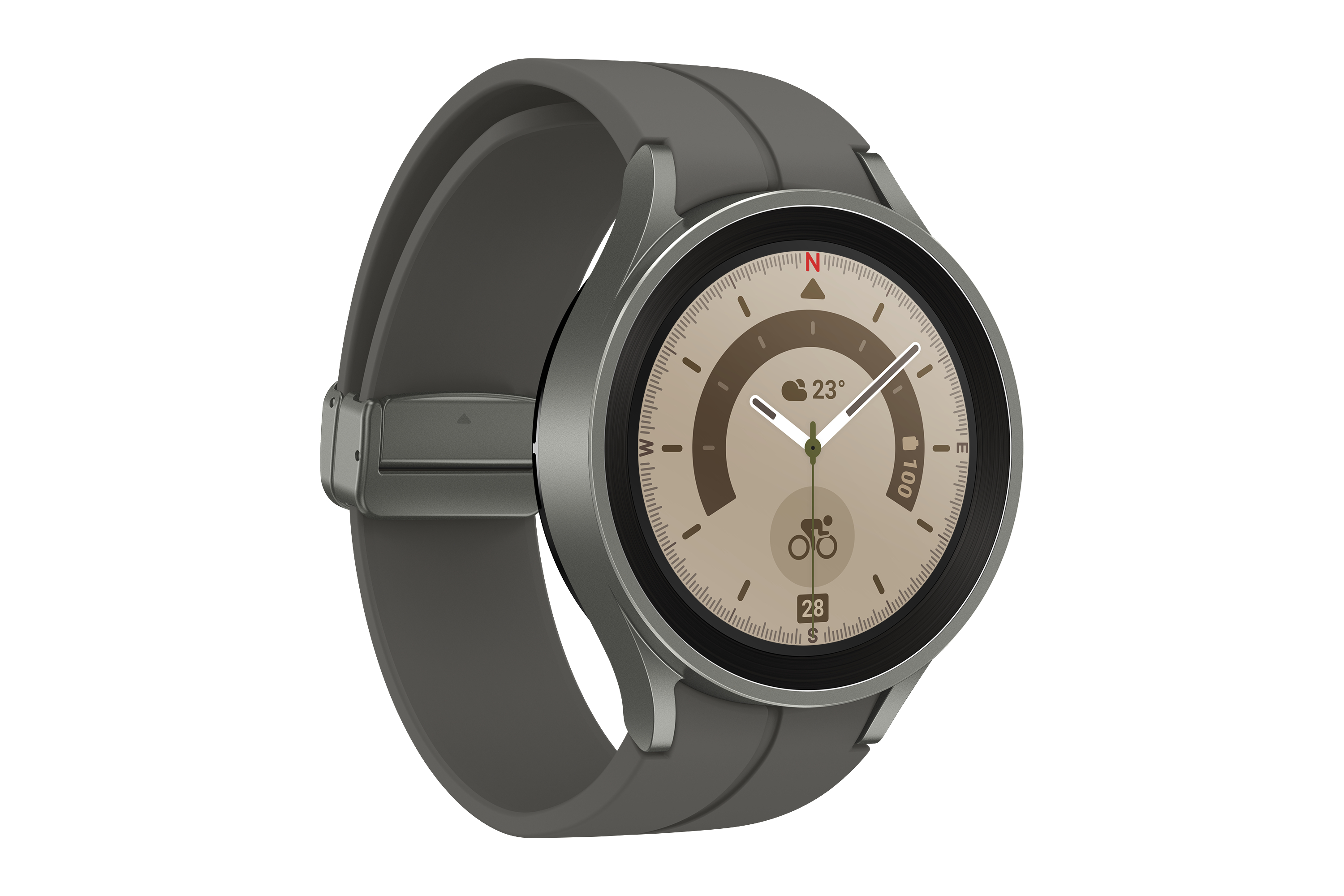 Graue Smartwatch mit rundem Display und grauem Armband, zeigt Uhrzeit und andere Daten. Weißer Hintergrund.