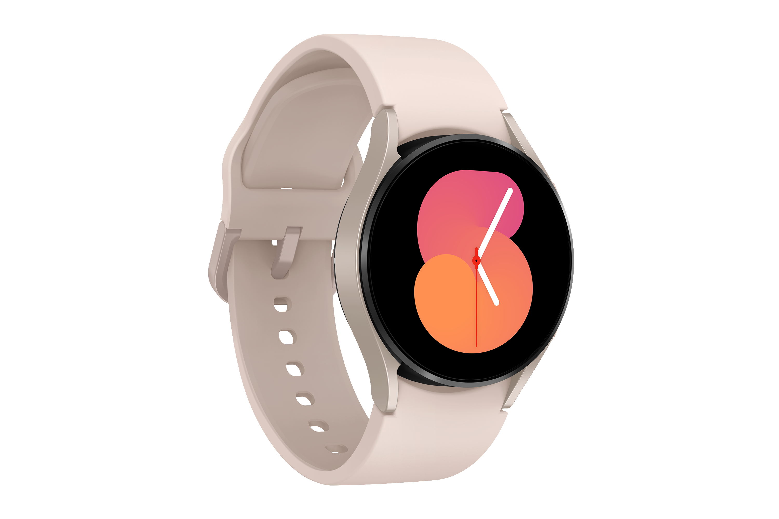 Eine beige Smartwatch auf weißem Hintergrund mit farbenfrohem Zifferblatt.