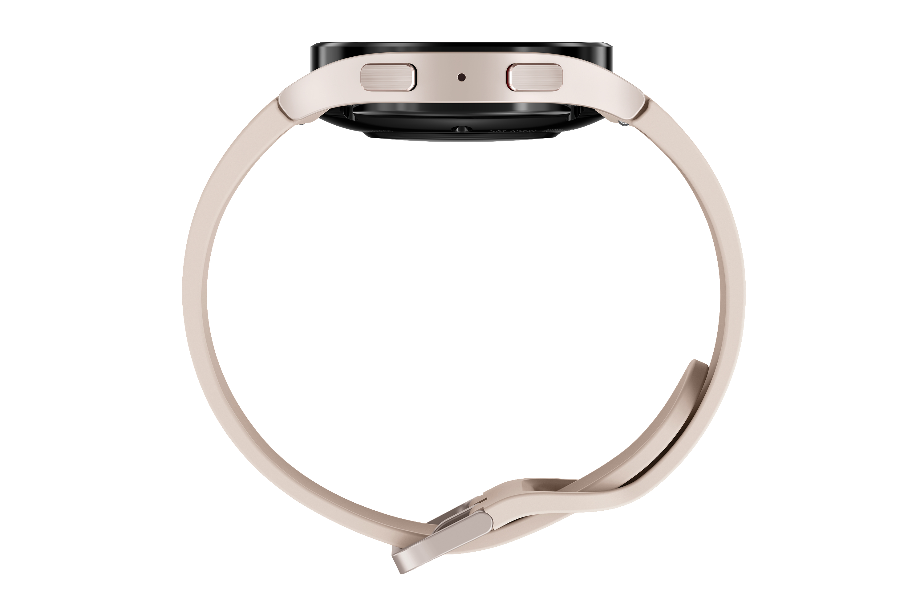 Seitenansicht einer Smartwatch mit beigem Armband, Knöpfe und Unterseite zeigend.