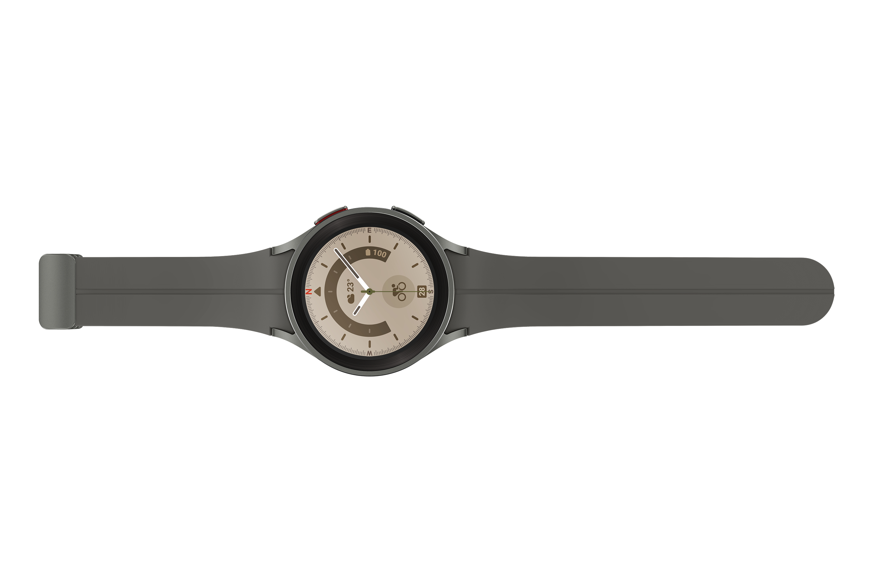 Eine graue Smartwatch mit rundem Zifferblatt, roter Taste und grauem Armband, auf weißem Hintergrund.