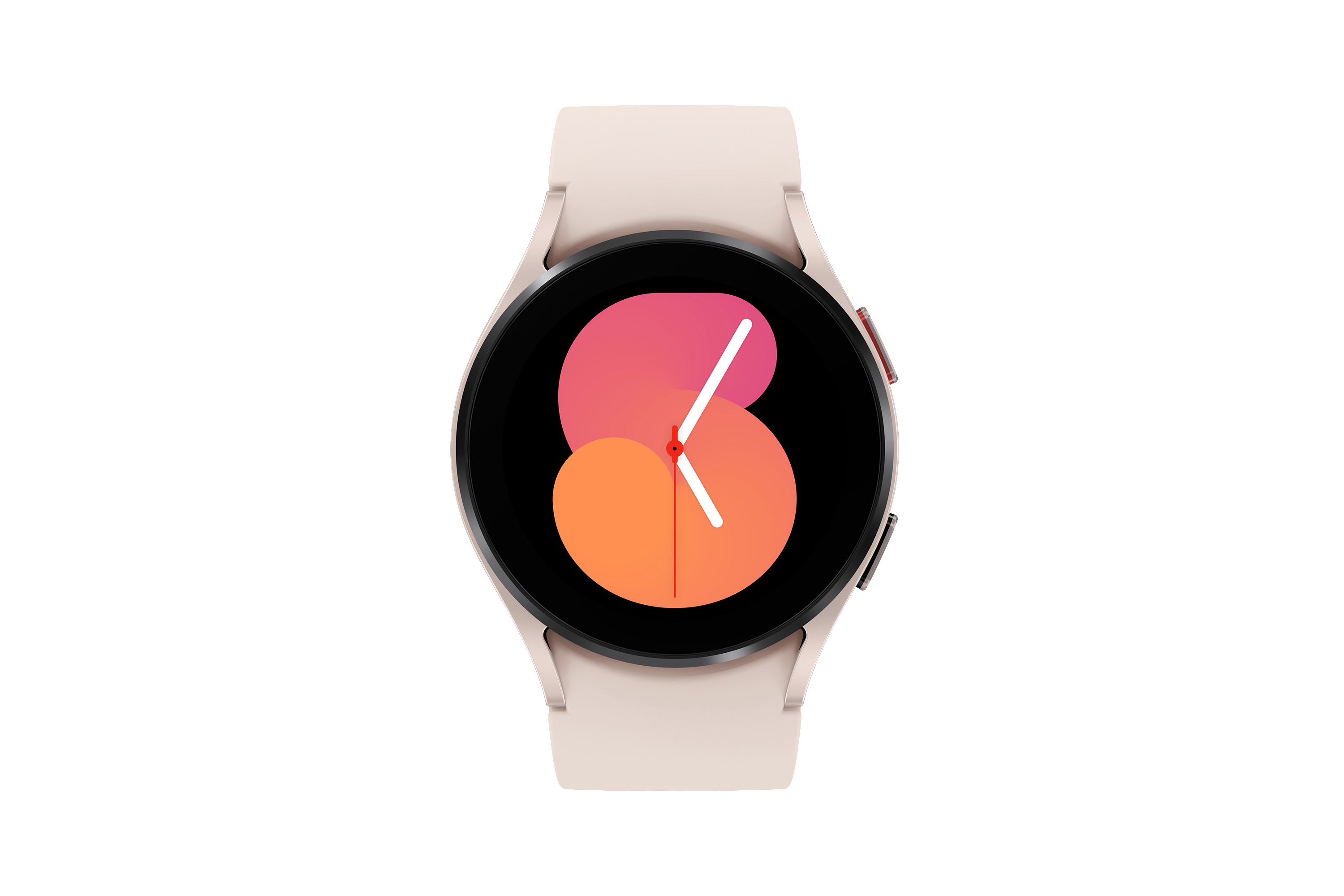 Nahaufnahme einer beigen Smartwatch mit rundem Zifferblatt und farbenfroher Oberfläche.