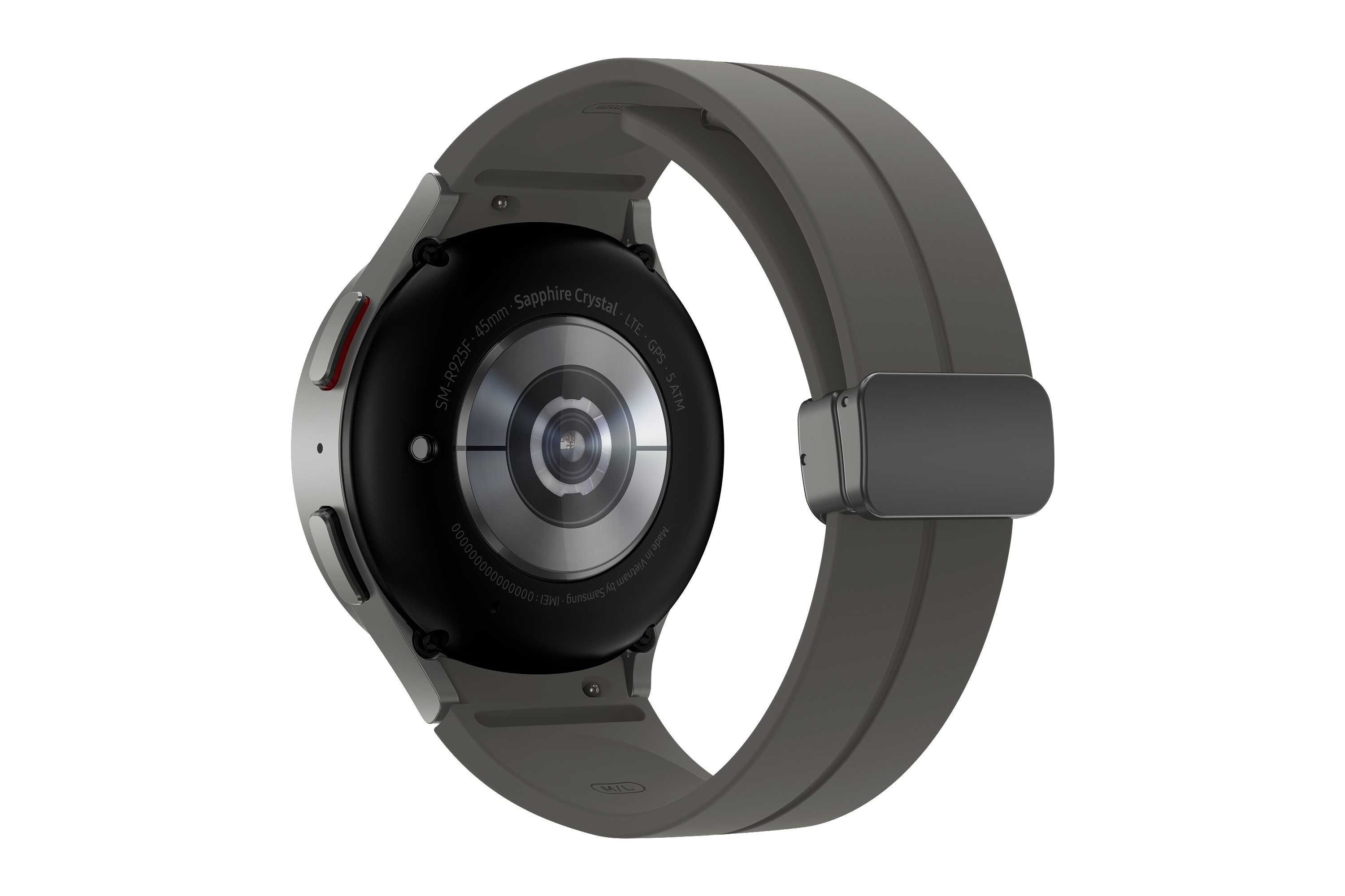 Graue Smartwatch-Rückseite. Zeigt Sensoren und Schrift auf weißem Hintergrund.