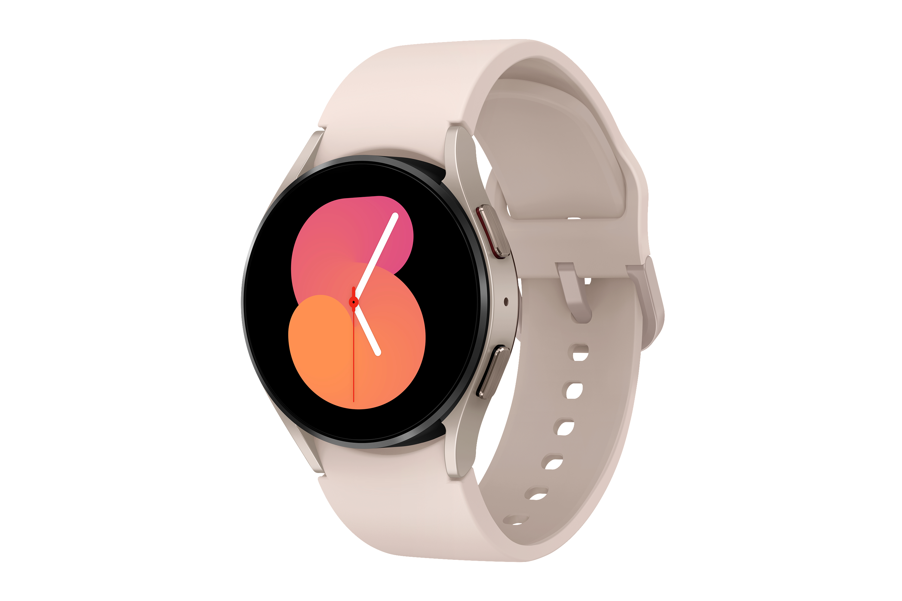 Smartwatch mit rosa Armband und schwarzem kreisförmigen Display mit oranger Uhr.