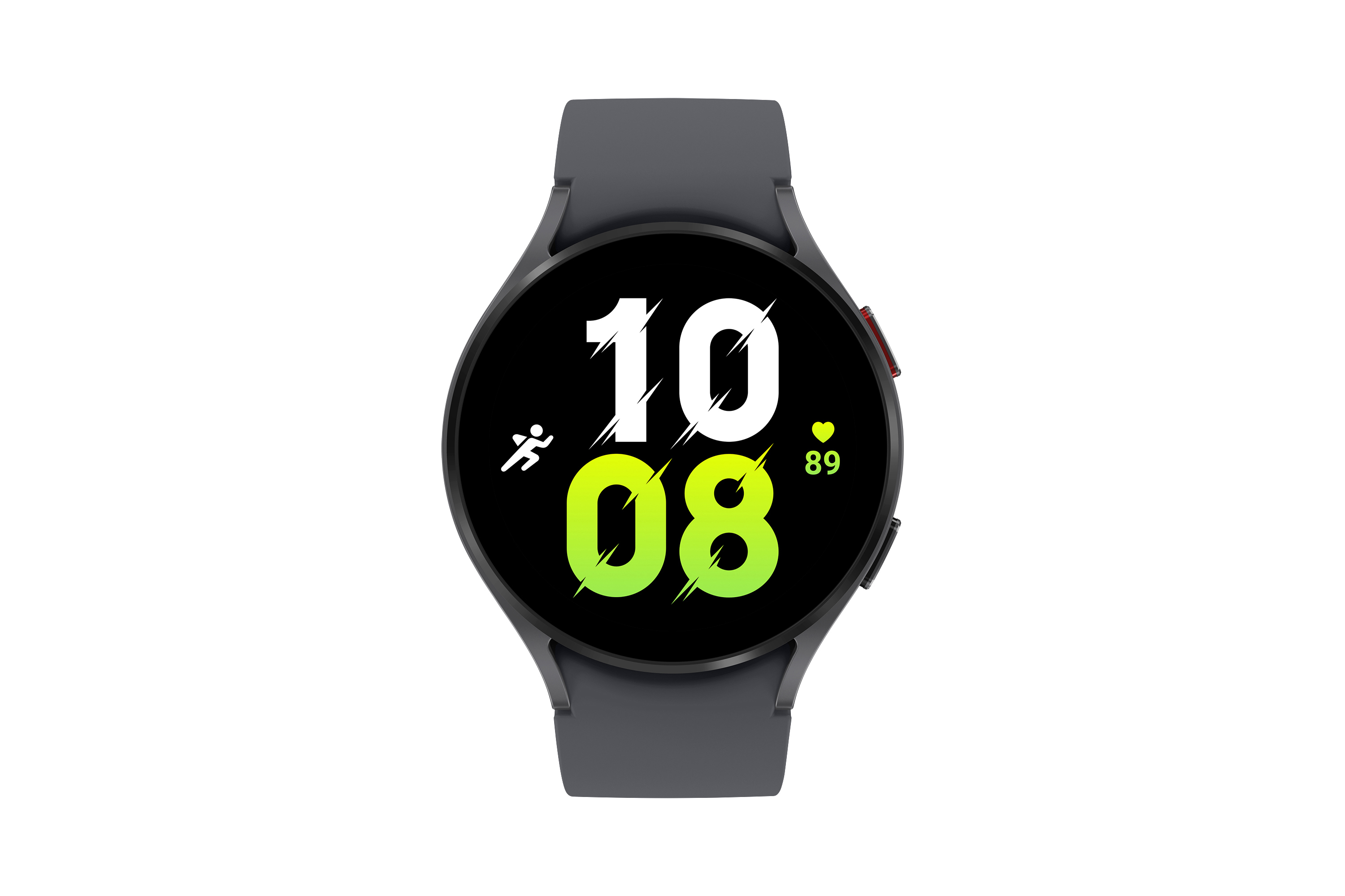 Dunkelgraue Smartwatch, die die Zeit '10:08' mit grünen und weißen Indikatoren auf schwarzem Hintergrund anzeigt.
