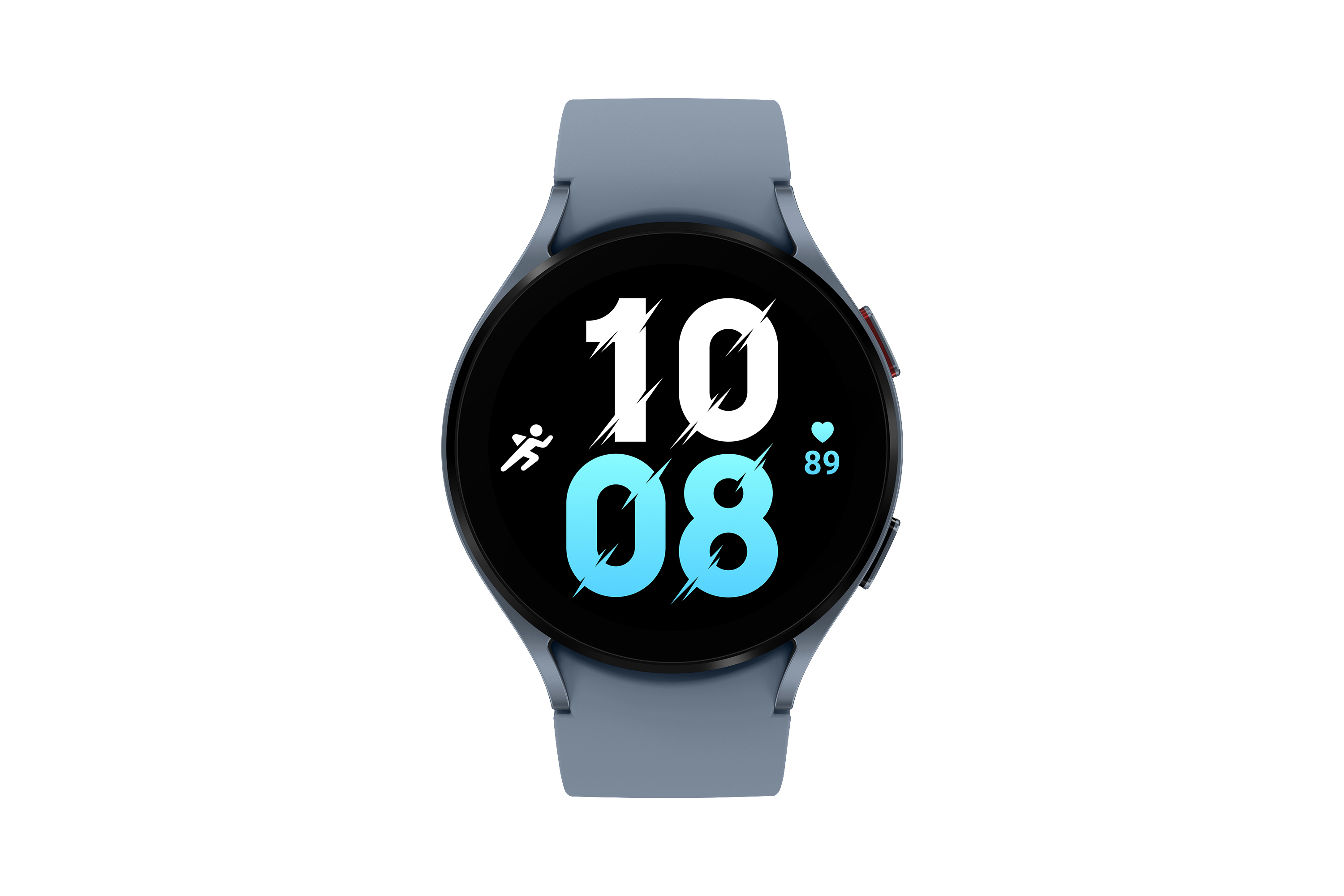 Eine blaue Samsung Galaxy Watch 5 mit digitaler Anzeige, die Zeit und Herzfrequenz zeigt.