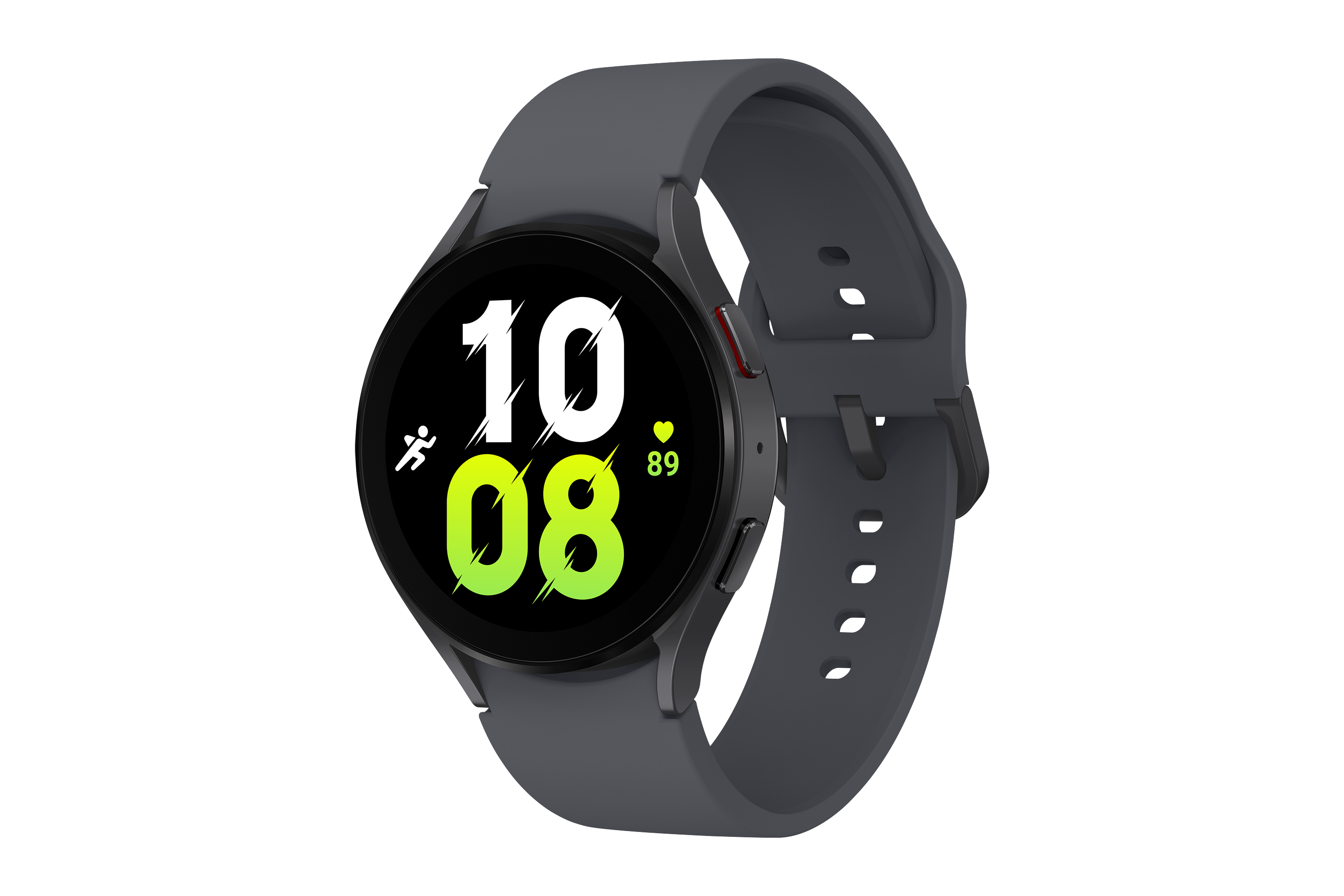 Eine graue Smartwatch mit einem runden schwarzen Display, das die Uhrzeit und Aktivitätsmetriken anzeigt.