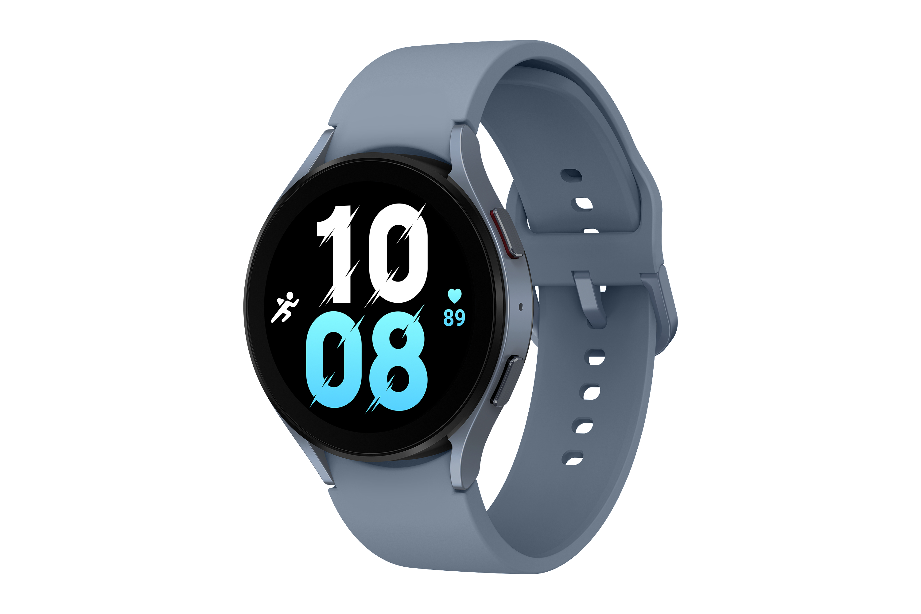 Blaue Smartwatch, die die Zeit '10:08' mit weißen Indikatoren auf schwarzem Hintergrund anzeigt, blaues Armband.