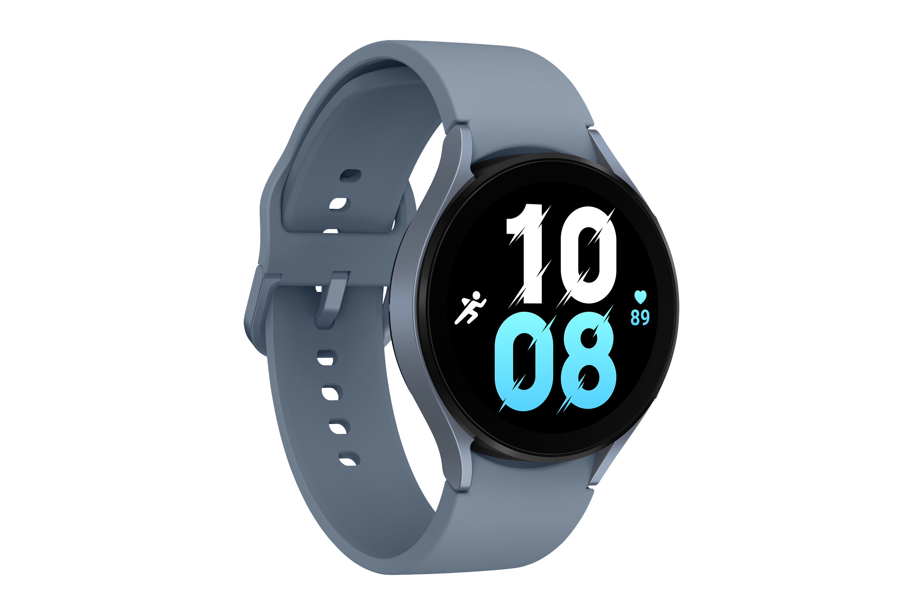 Blaue Smartwatch auf weißem Hintergrund, zeigt die Uhrzeit 10:08.