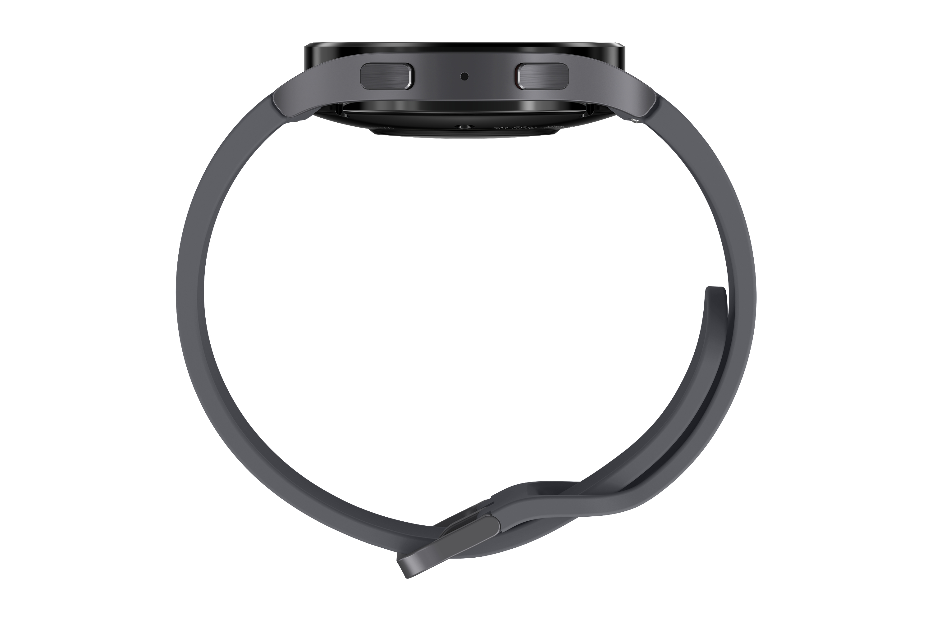 Seitenansicht einer grauen Smartwatch mit grauem Armband. Die Uhr befindet sich auf weißem Hintergrund.