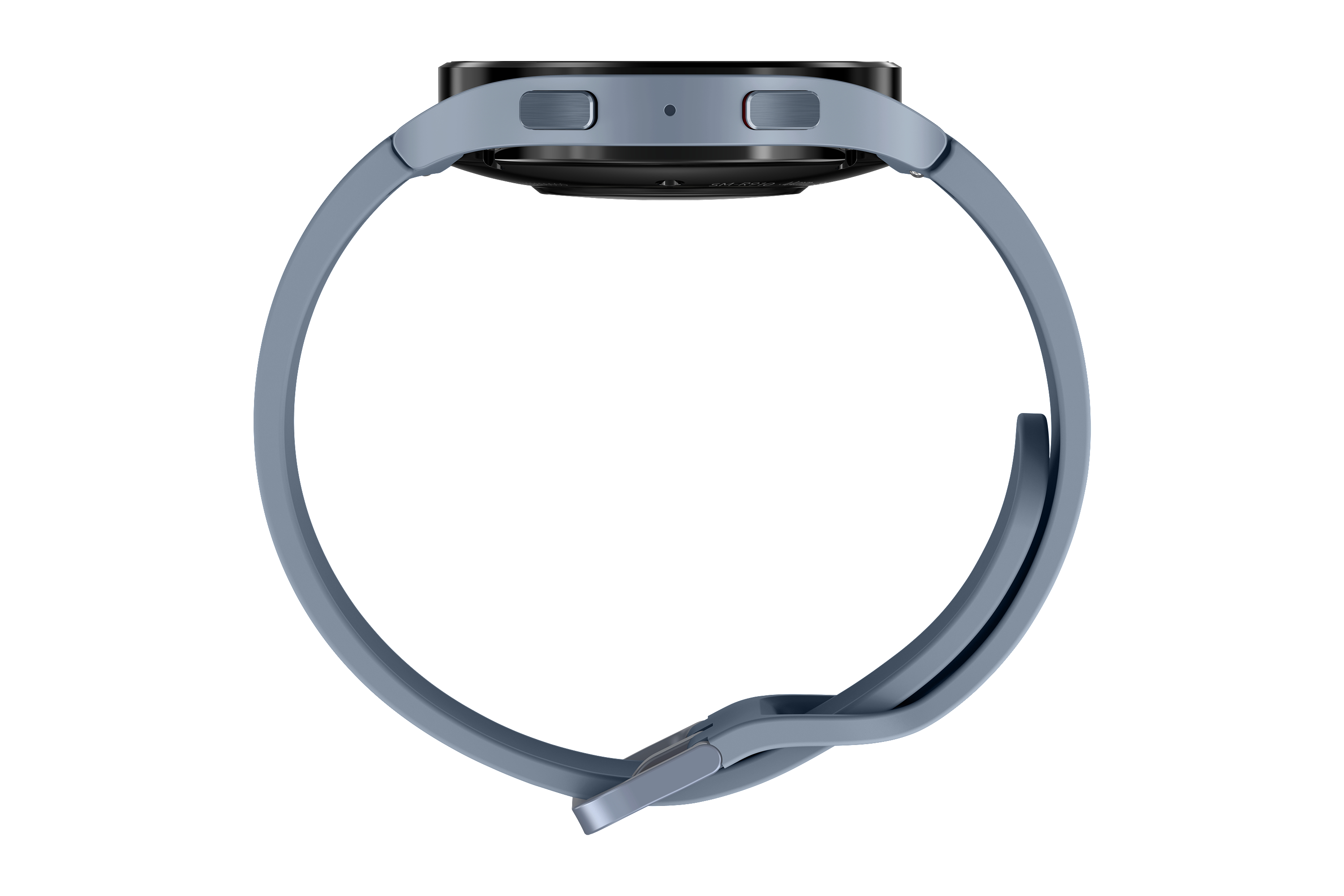Seitenansicht einer hellblauen Smartwatch mit passendem Armband auf weißer Oberfläche.