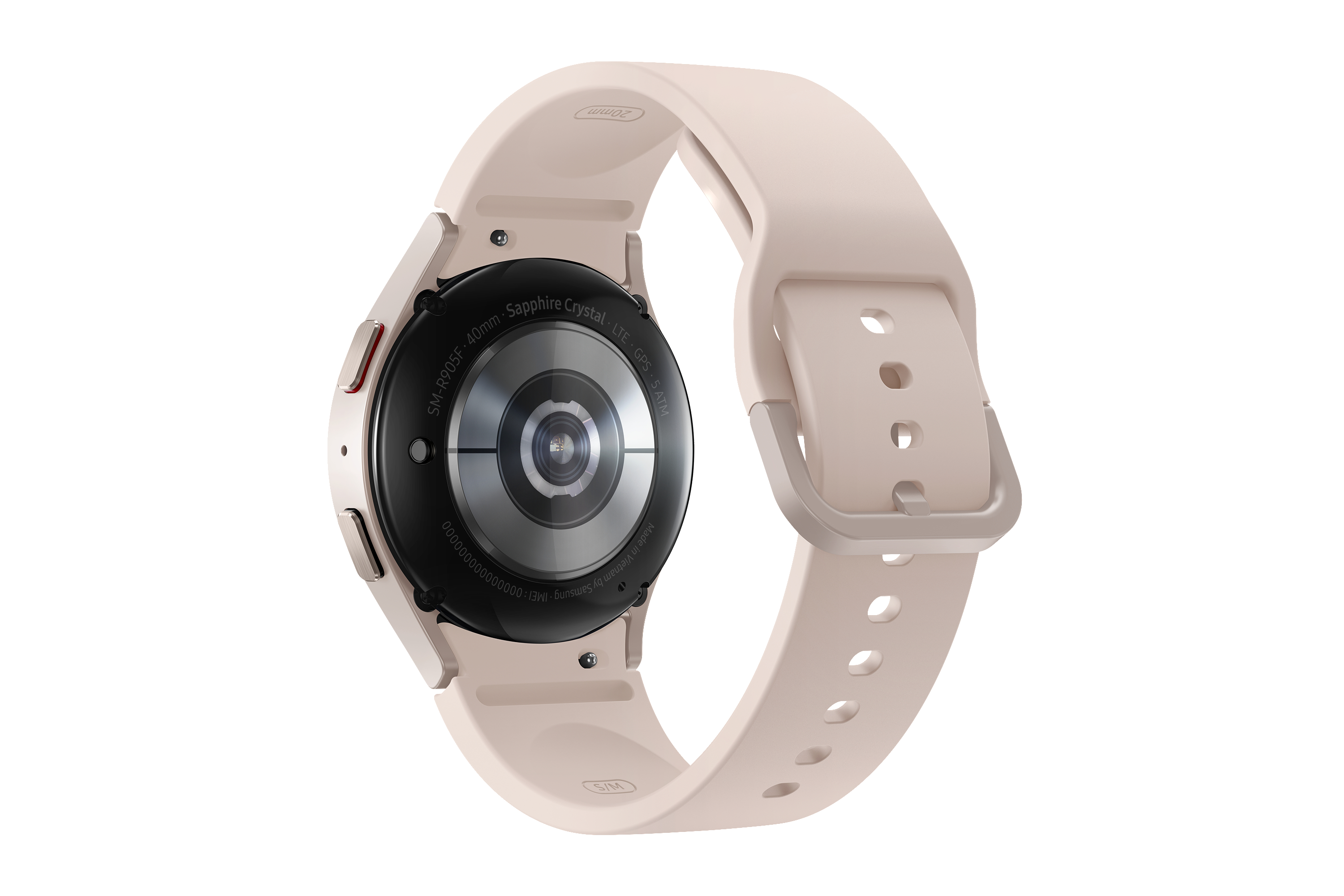 Eine Smartwatch mit beigem Armband, Rückseite zur Kamera.