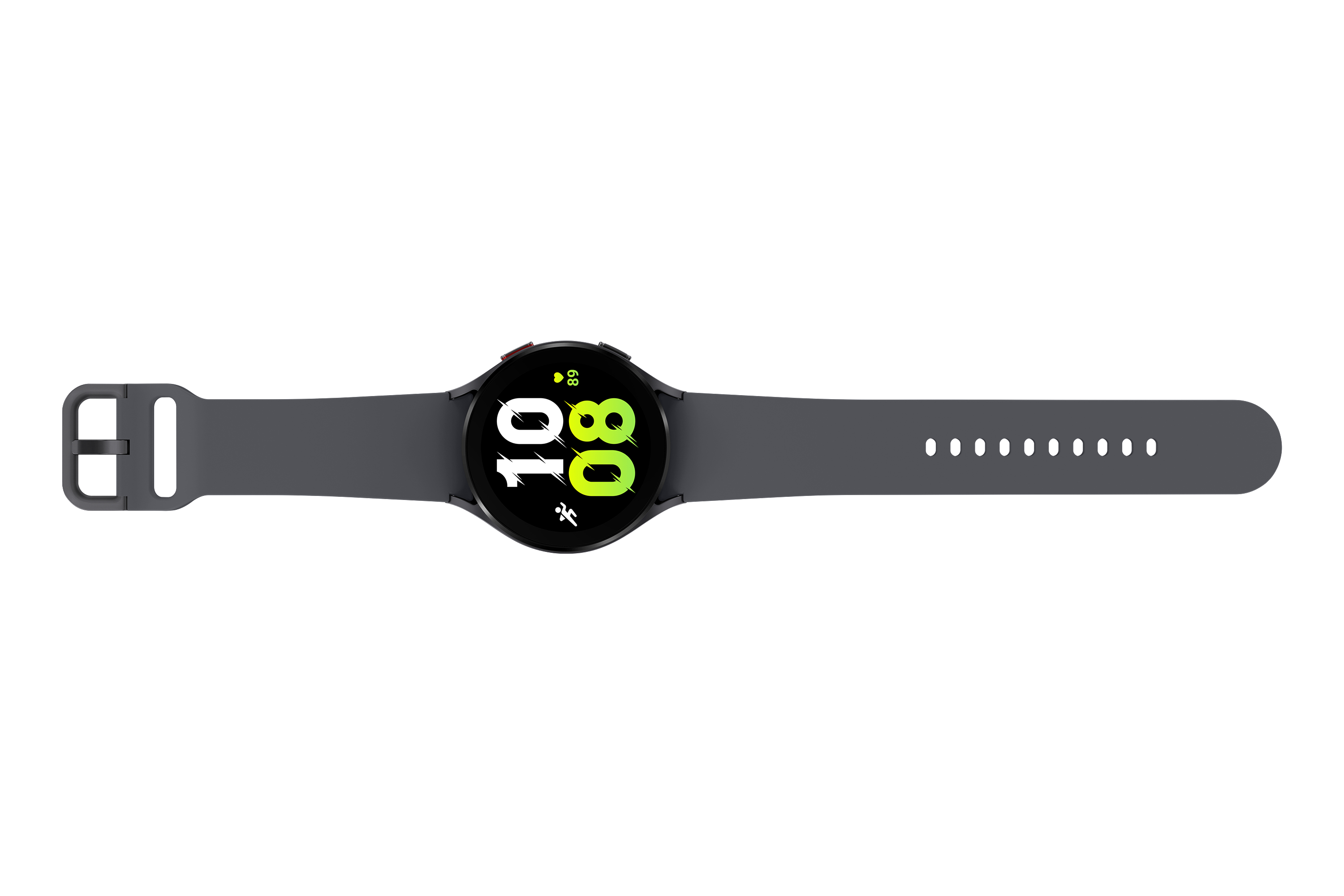 Graue Smartwatch mit schwarzem Bildschirm, der Zeit und Herzfrequenz anzeigt, auf weißem Hintergrund.