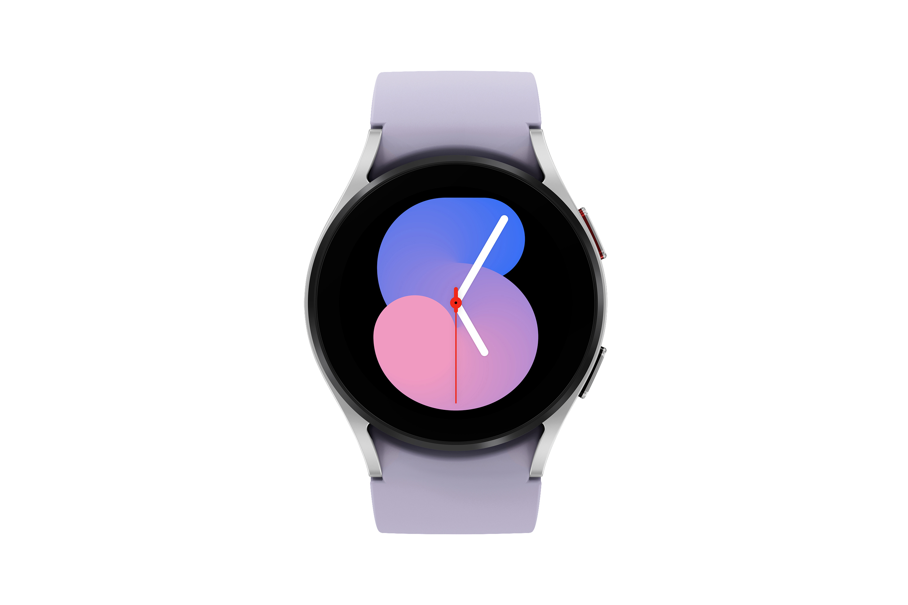 Eine lila Samsung Galaxy Watch5 auf weißem Hintergrund, die die Uhrzeit anzeigt.