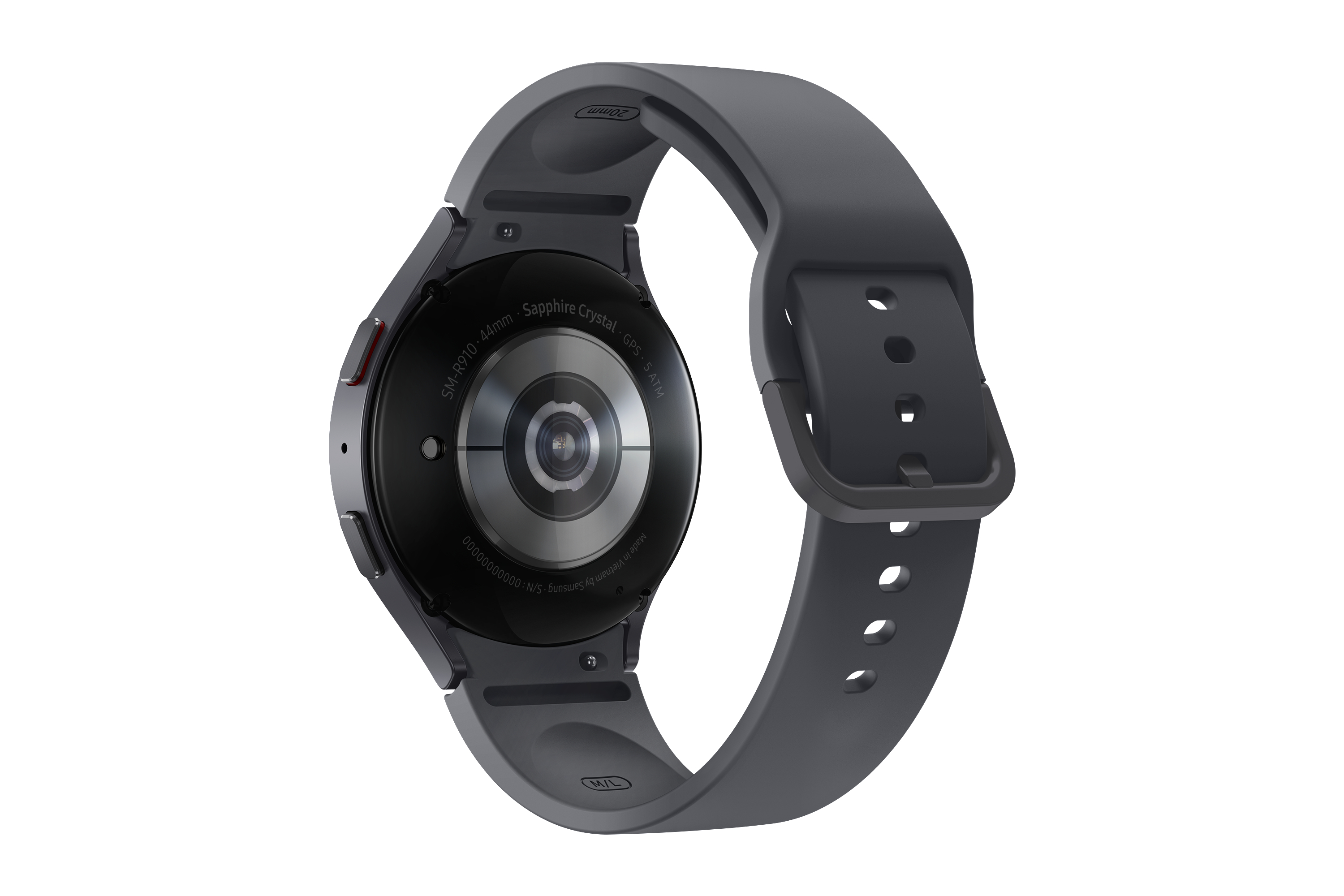 Rückansicht einer grauen Smartwatch mit dunkelgrauem Armband auf weißem Hintergrund.