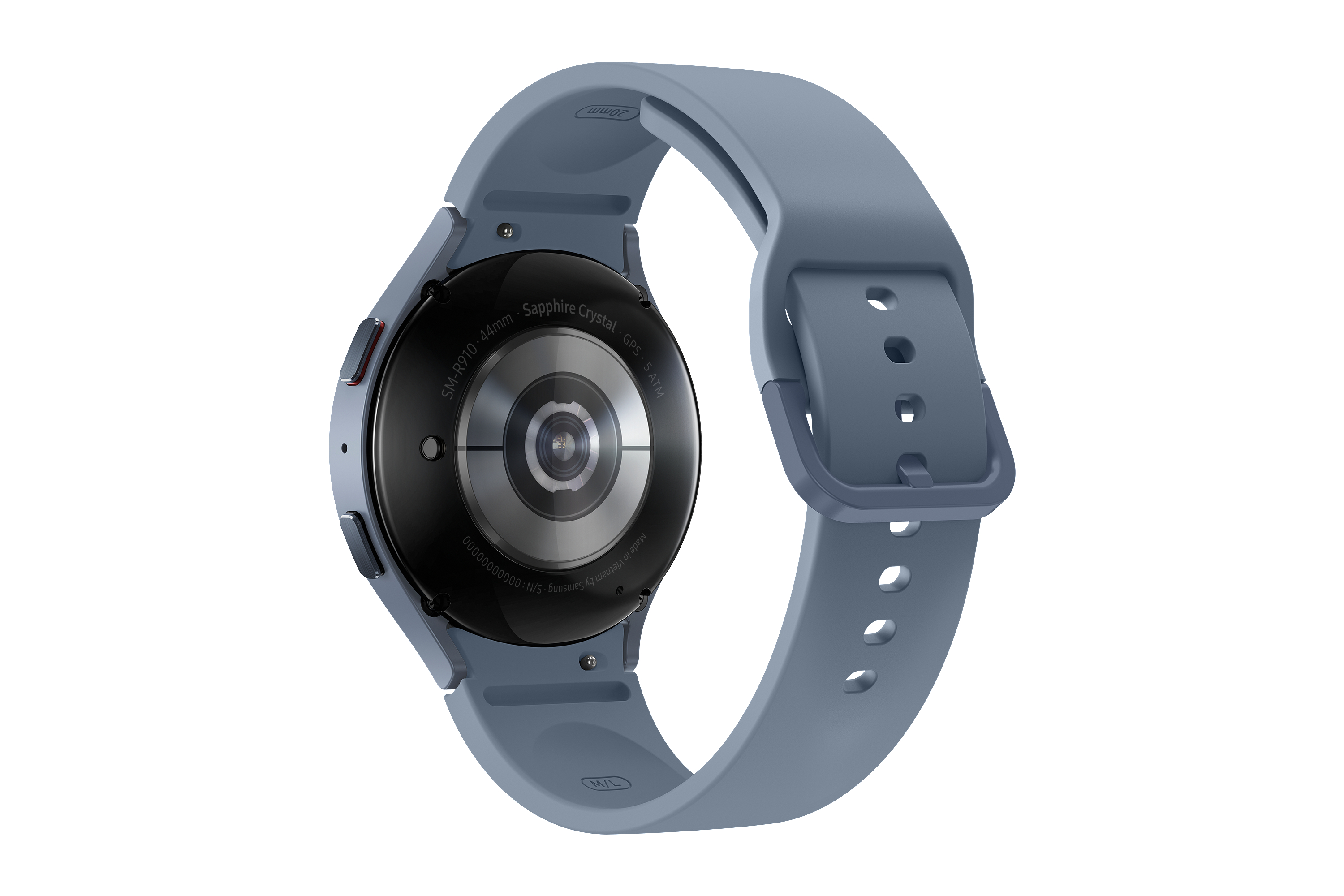 Eine blaue Smartwatch mit blauem Armband, von hinten betrachtet. Hat einen Herzfrequenzsensor.