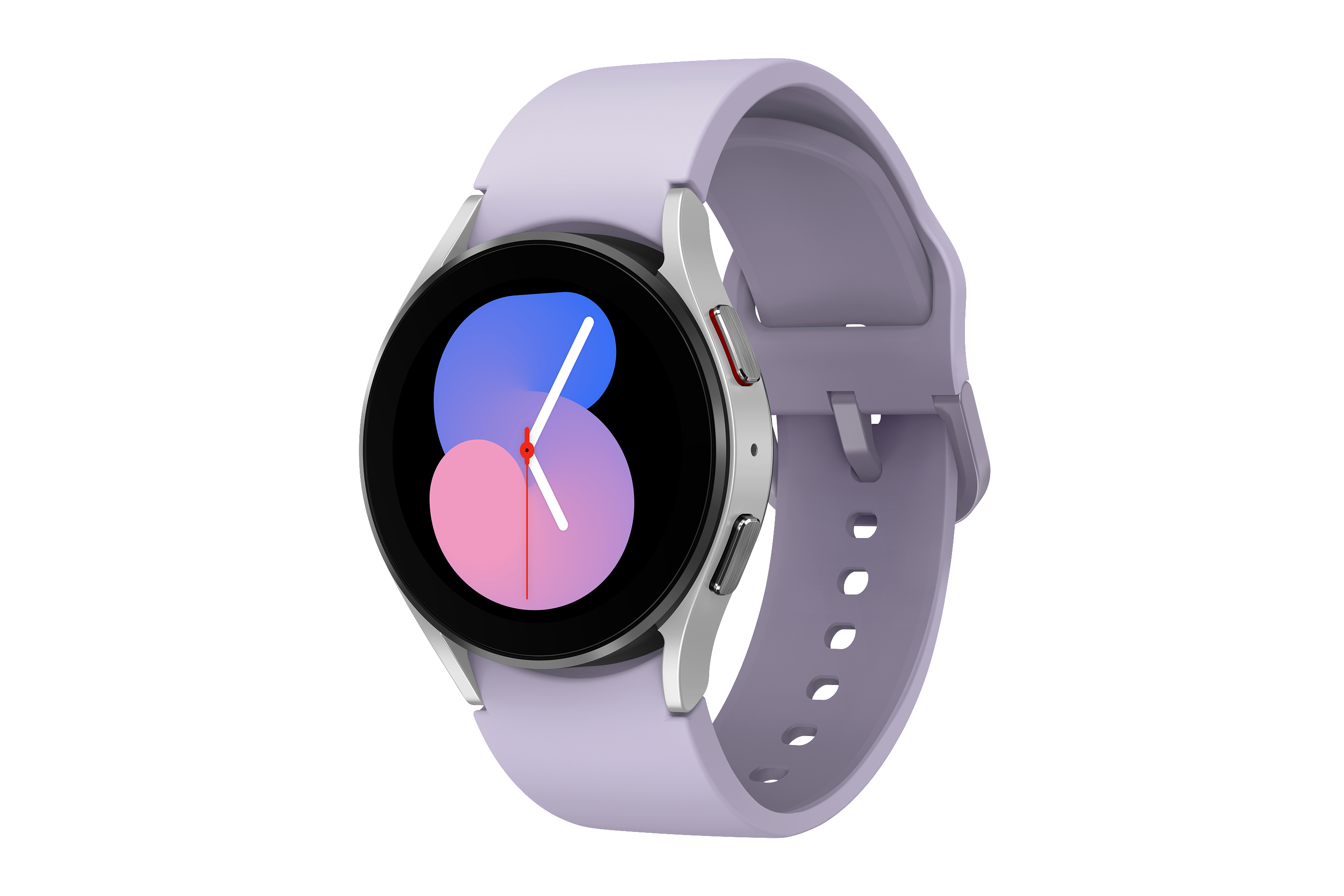 Lavendelfarbene Smartwatch mit silbernem Rand und Armband, schwarzes Zifferblatt mit weißem und rosa Uhrendesign.