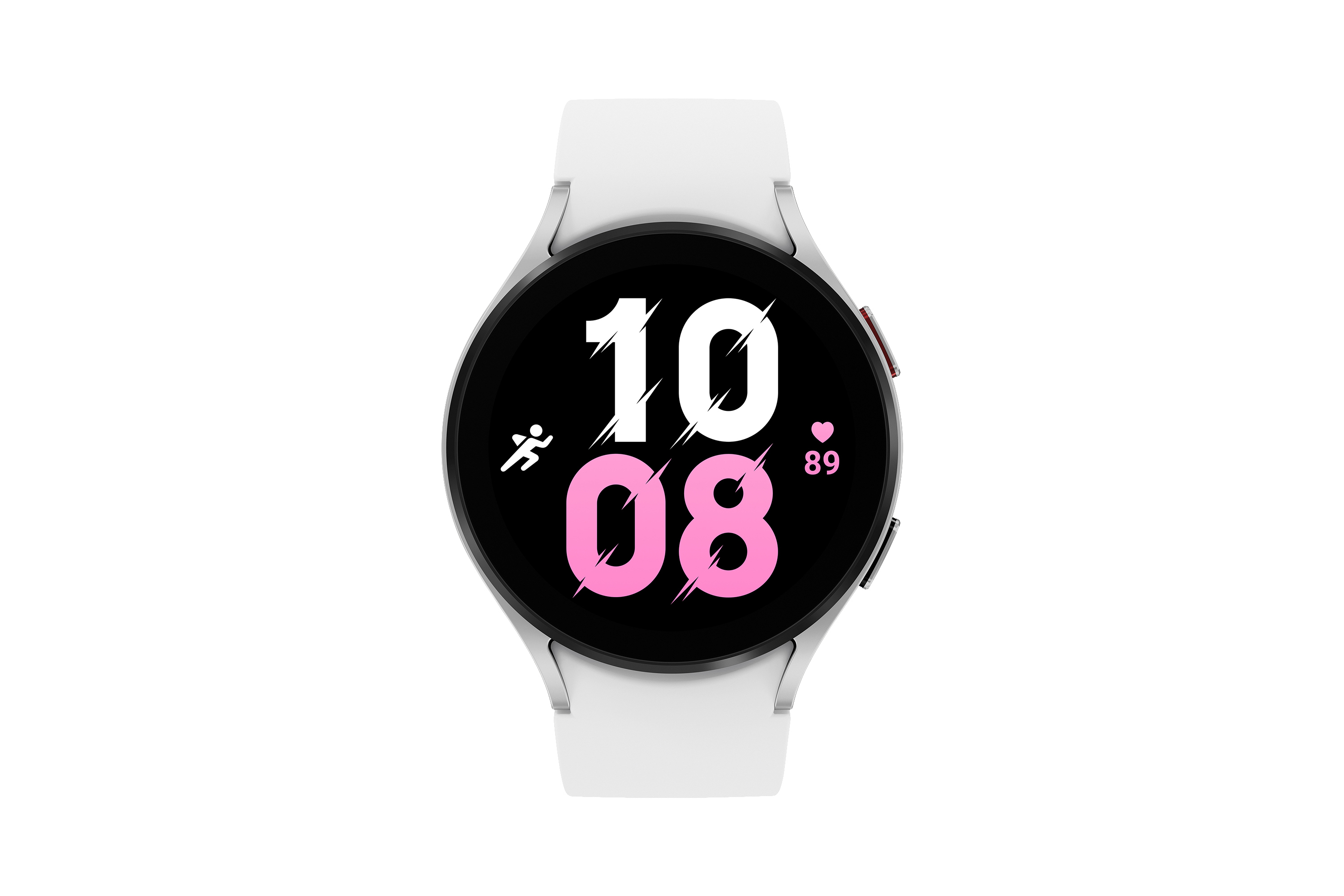 Eine weiße Smartwatch mit rosa Anzeige, die die Uhrzeit und Herzfrequenz anzeigt.