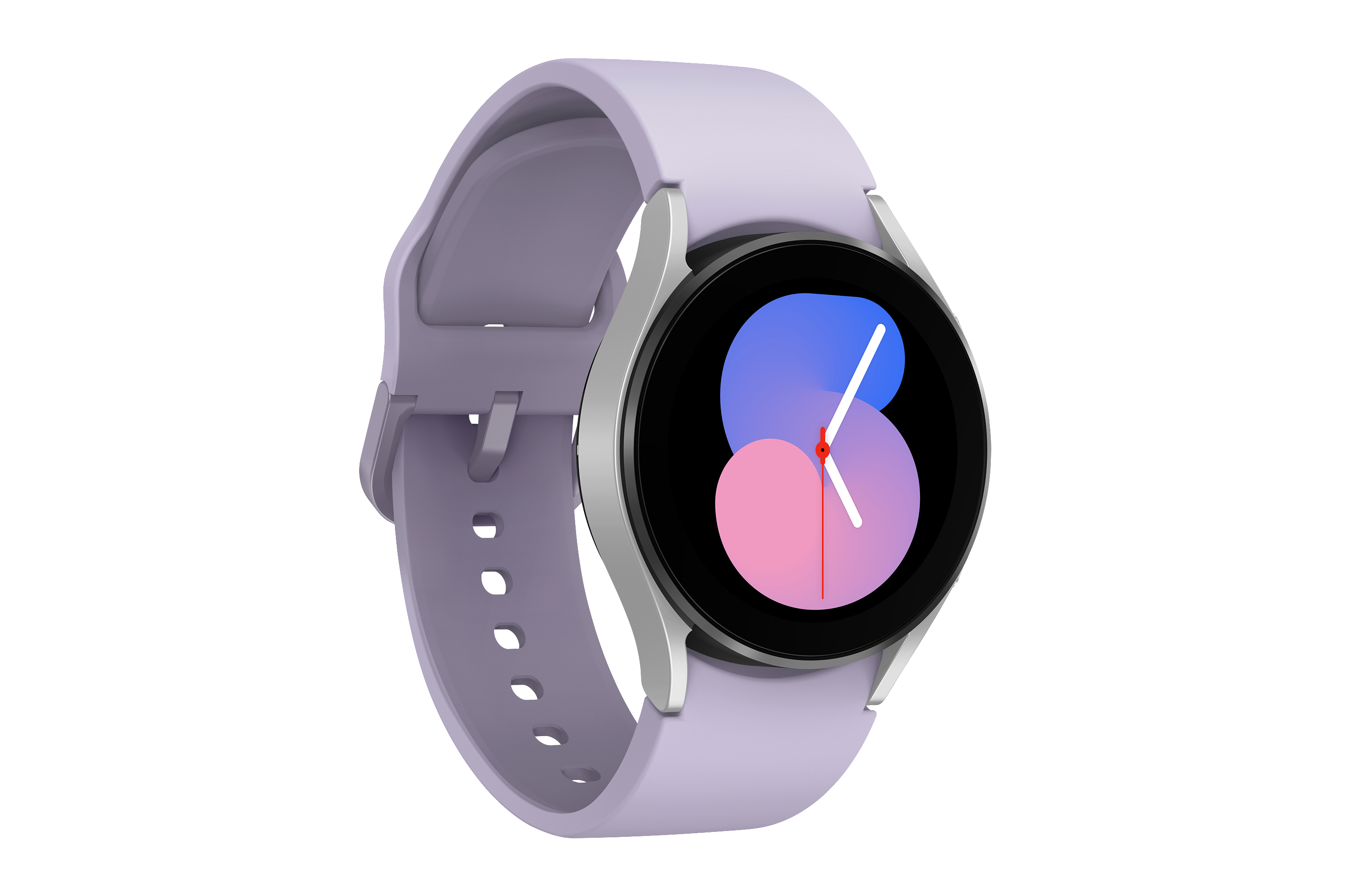 Eine lavendelfarbene Smartwatch mit silberner Lünette und einem Zifferblatt, das eine Uhr zeigt. Weißer Hintergrund.