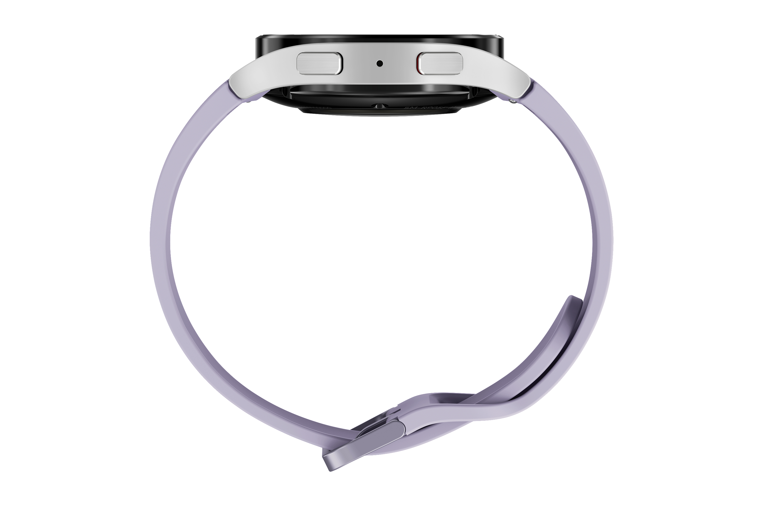Seitenansicht einer Smartwatch mit hellviolettem Band, weißem Zifferblatt und weißem Hintergrund.