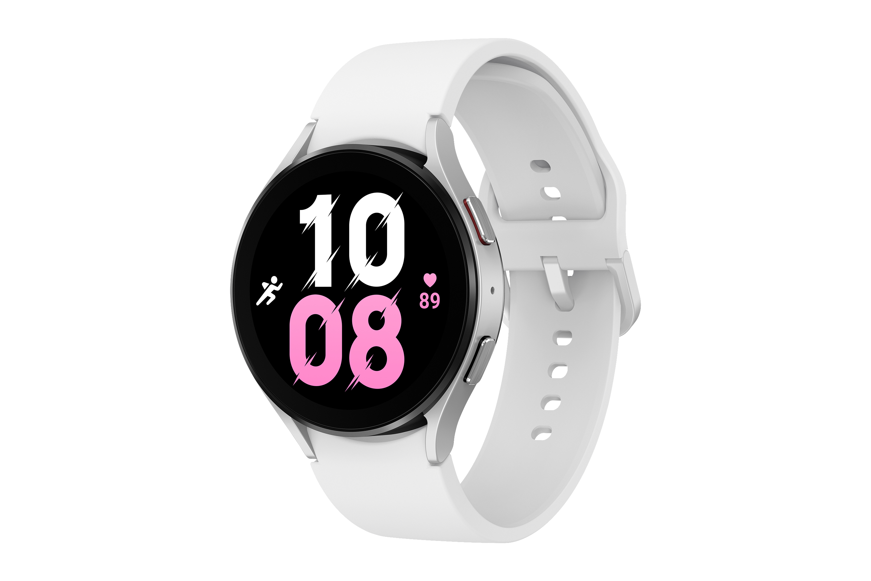 Eine weiße Samsung Galaxy Watch5 Smartwatch mit weißem Armband, die einen rosa Bildschirm anzeigt.