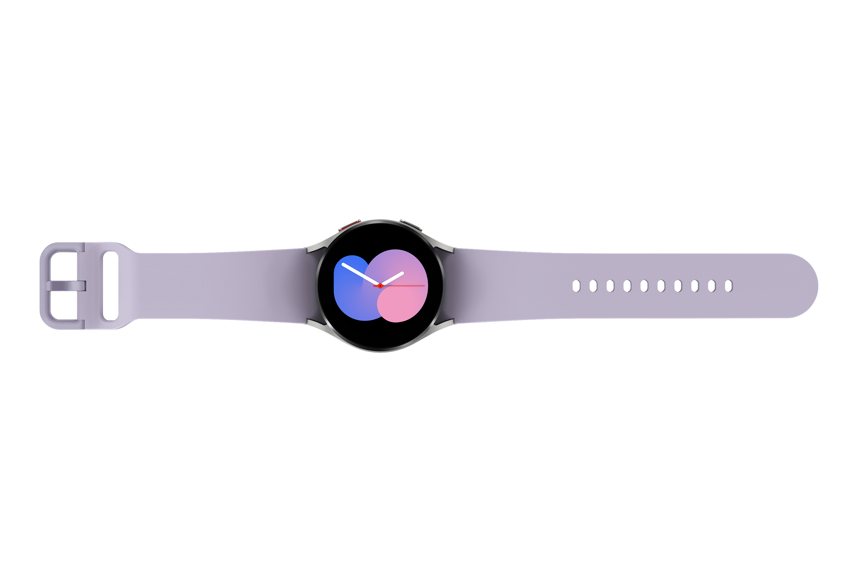 Eine Smartwatch: rundes Zifferblatt mit farbenfroher Anzeige, lavendelfarbenes Armband. Weißer Hintergrund.