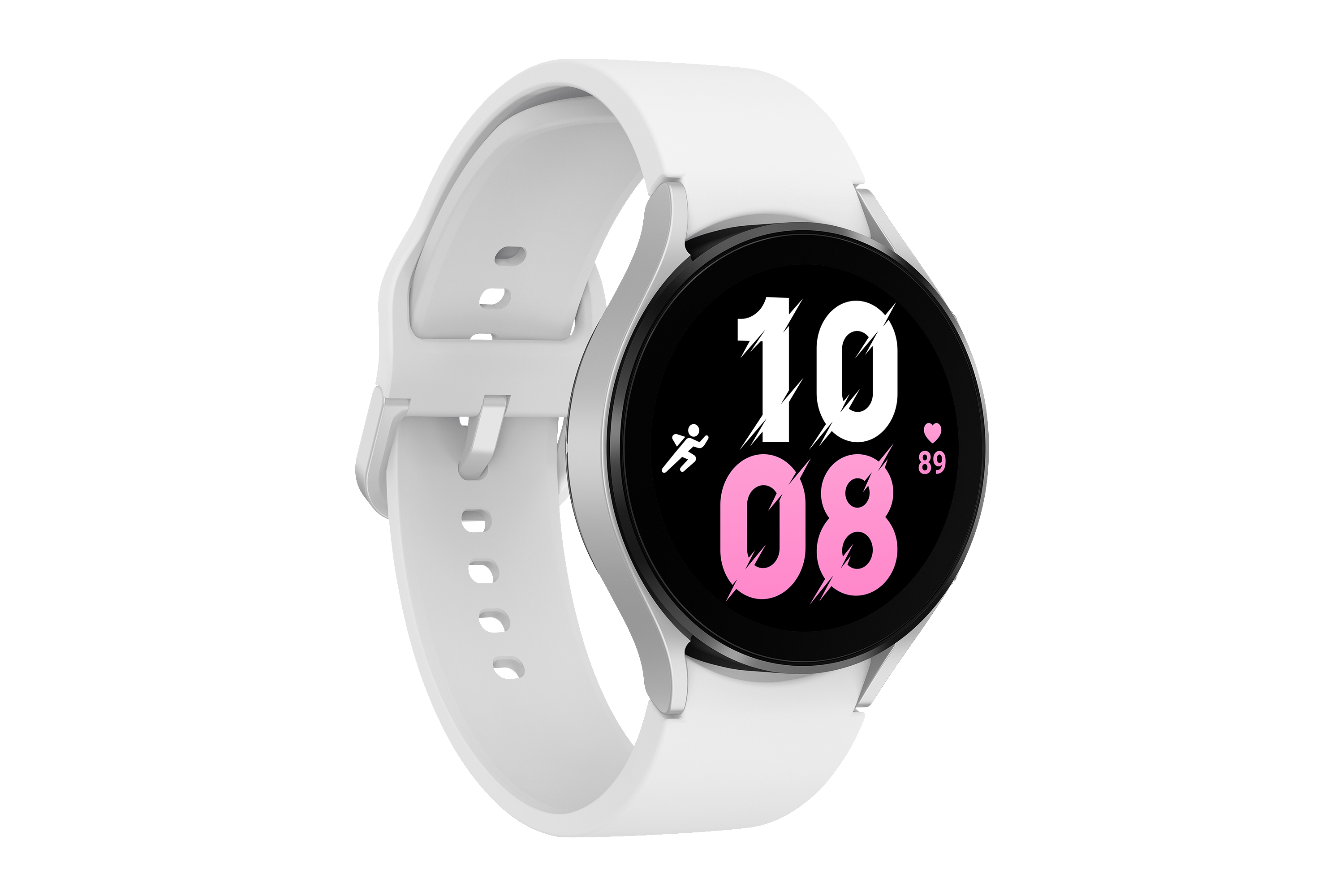 Weiße Smartwatch mit schwarzem kreisförmigen Display, das Zeit und andere Daten anzeigt.