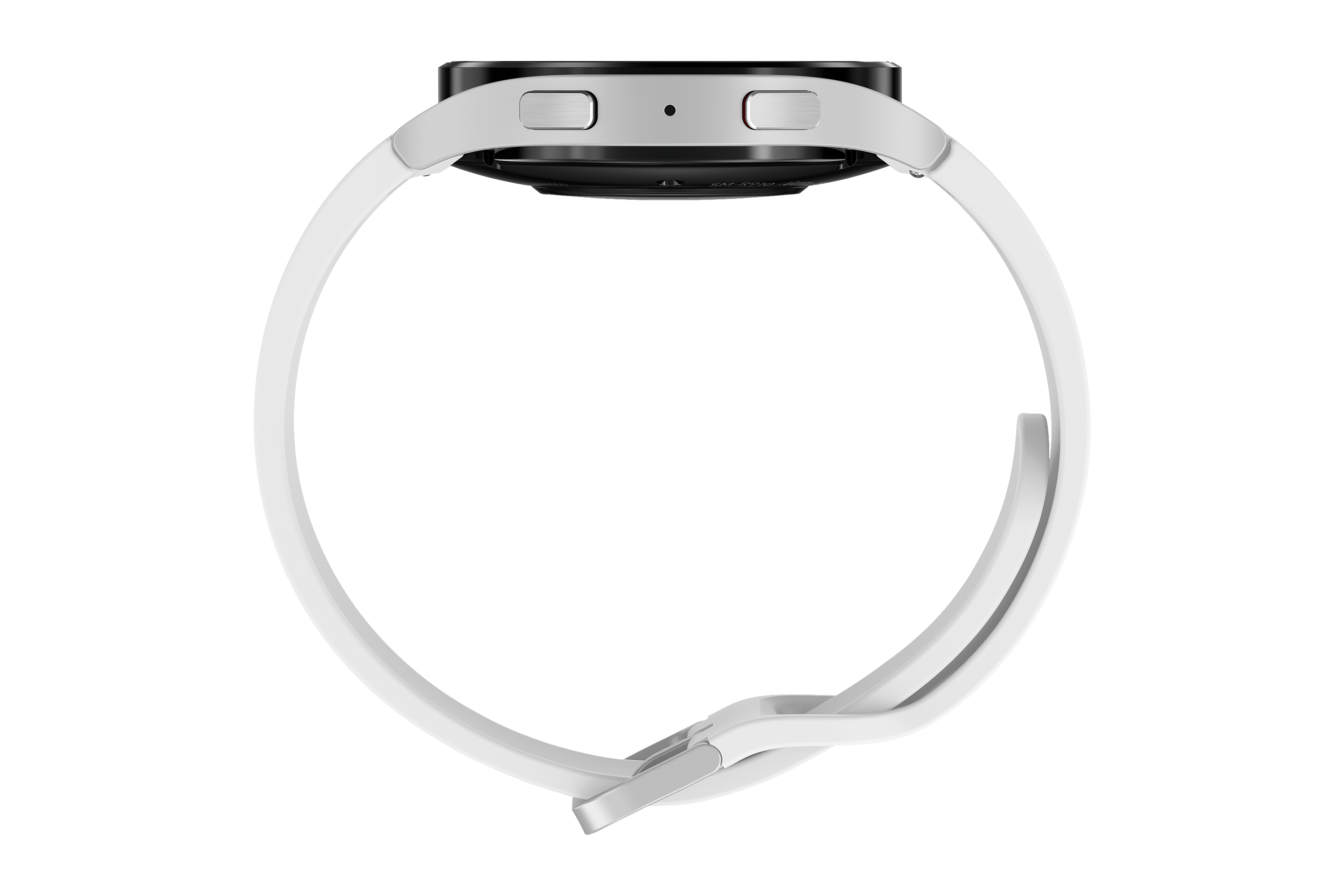 Smartwatch von der Seite mit weißen Armbändern und schwarzem kreisförmigen Rahmen.