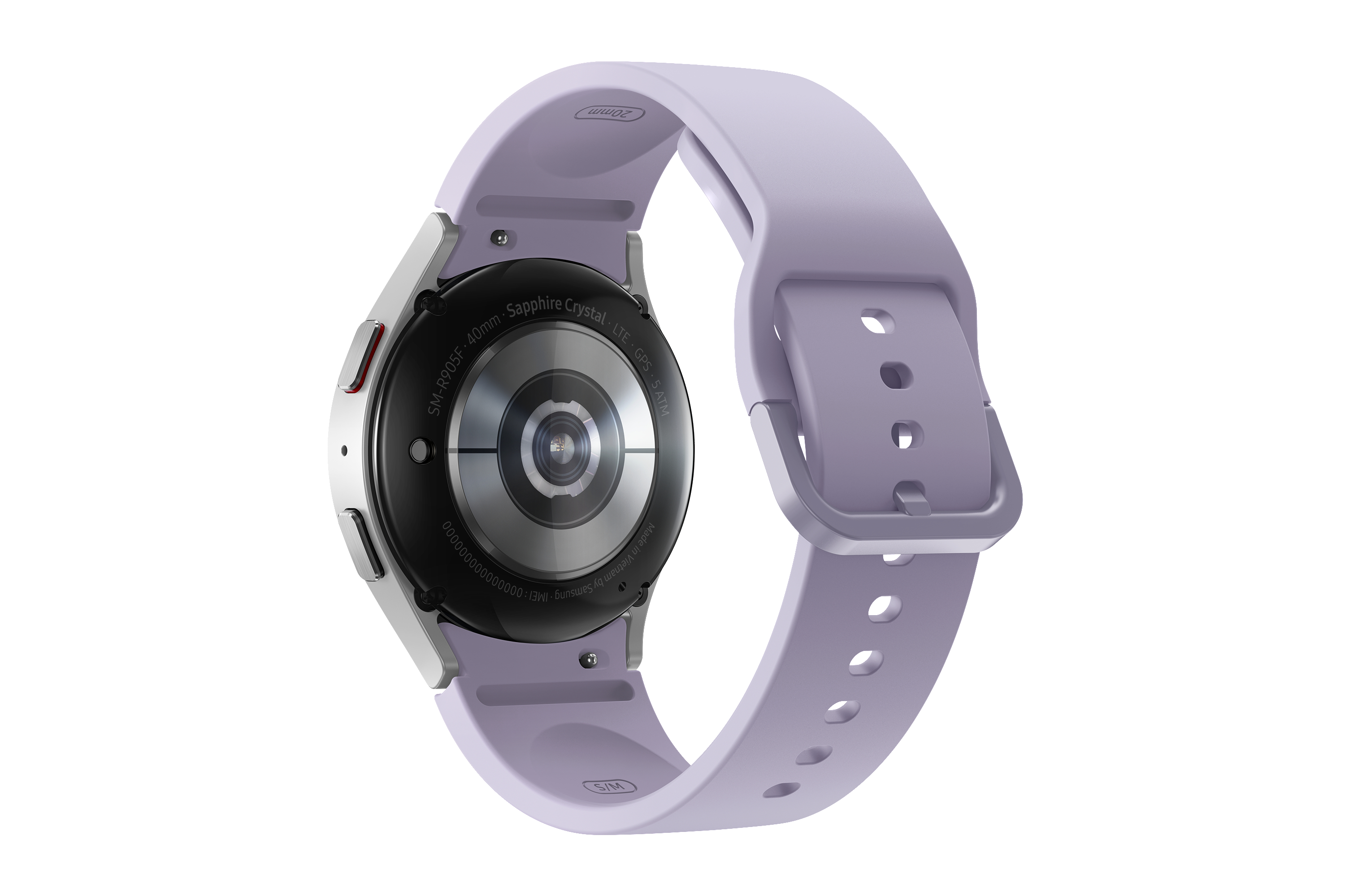 Rückansicht einer lavendelfarbenen Smartwatch mit silbernen Details und weißem Armband, zeigt Sensor und Branding.