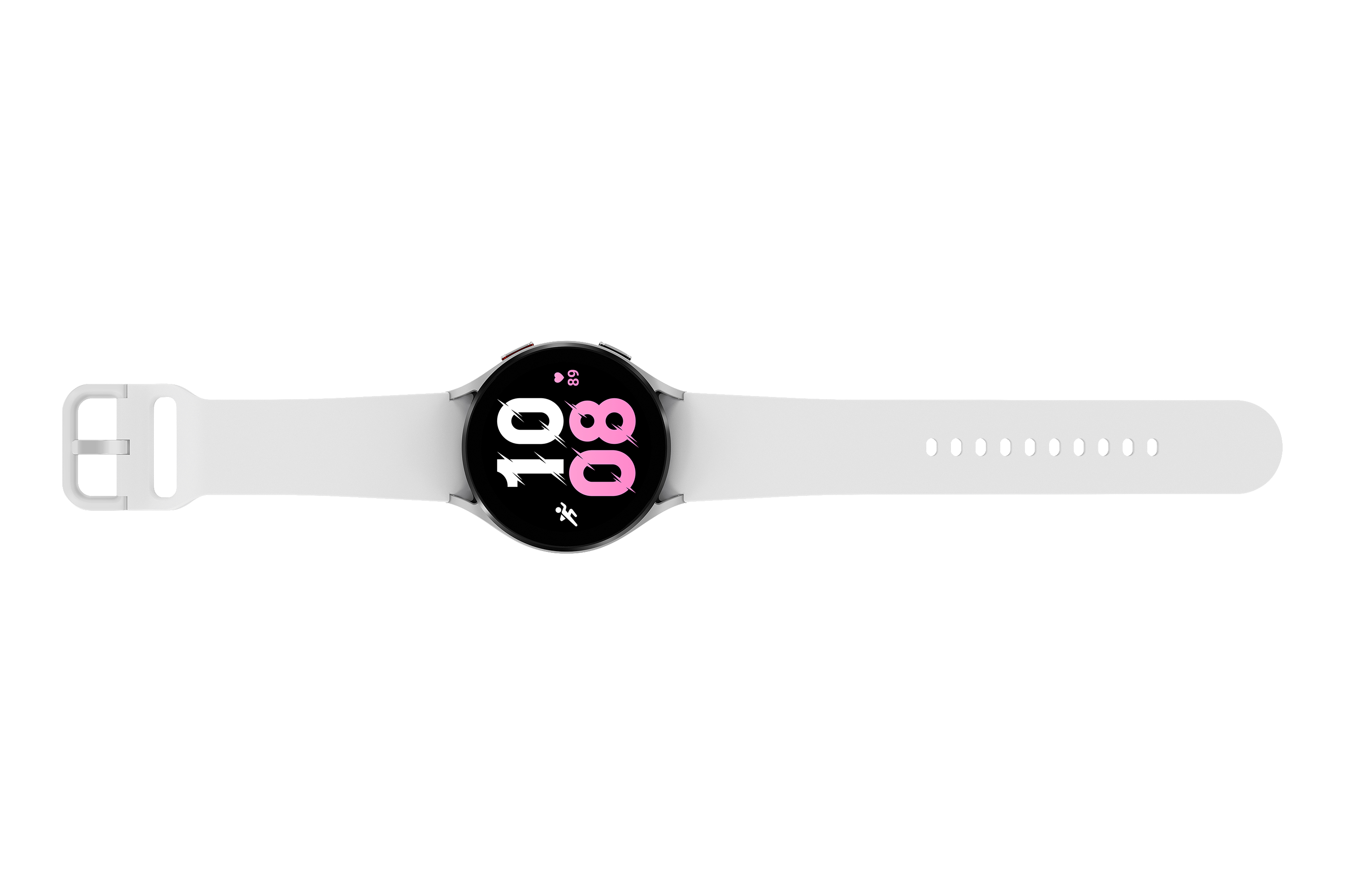 Weiße Smartwatch, Zeit und Gesundheitsmetriken auf weißem Hintergrund.