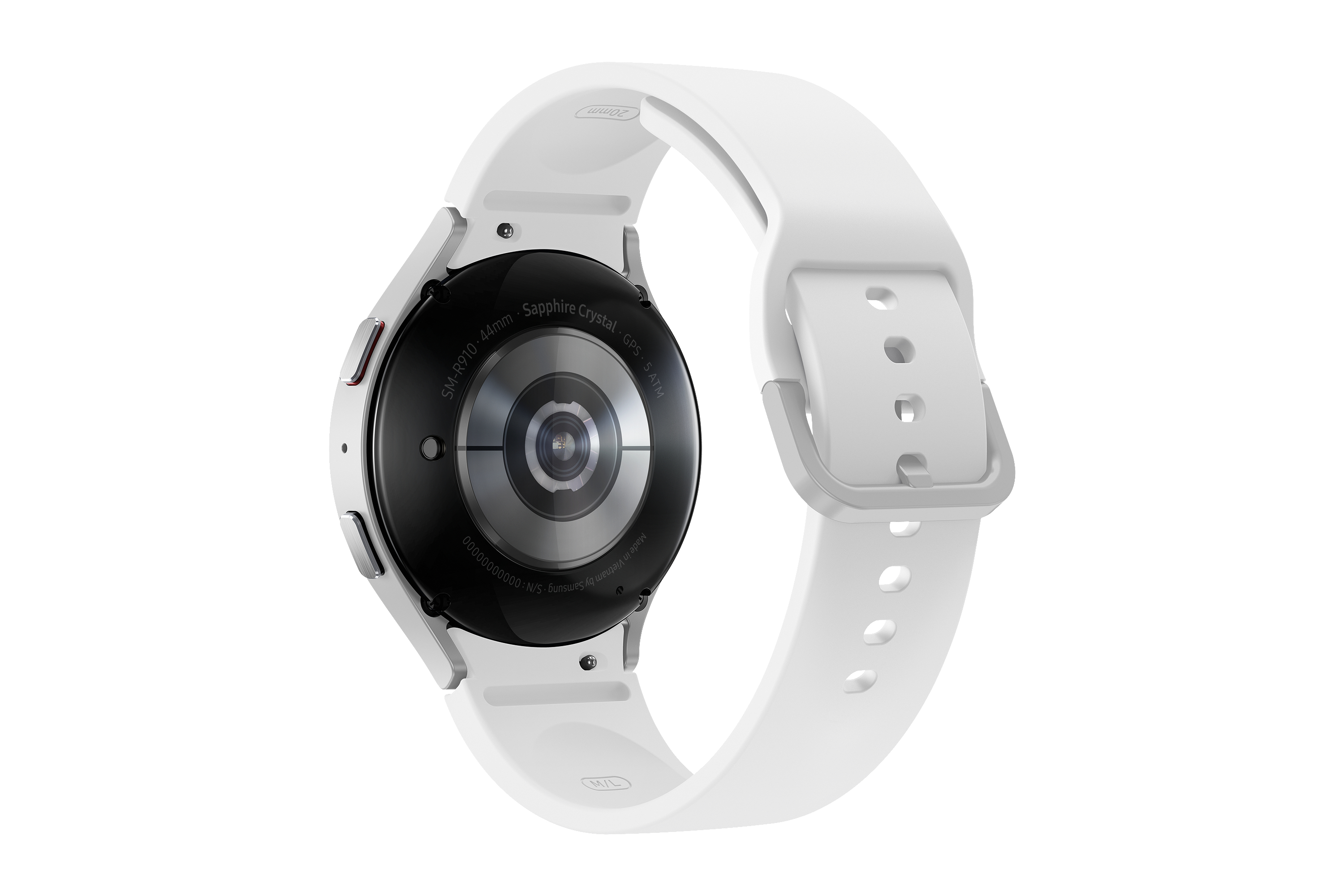 Rückansicht einer weißen Smartwatch mit weißem Armband, zeigt Sensordetails und Branding auf weißem Hintergrund.