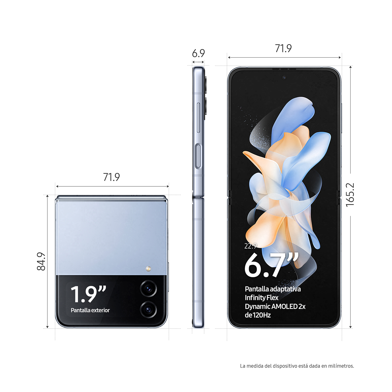 Un teléfono plegable se muestra desde diferentes ángulos, con dimensiones. Es de color azul claro.
