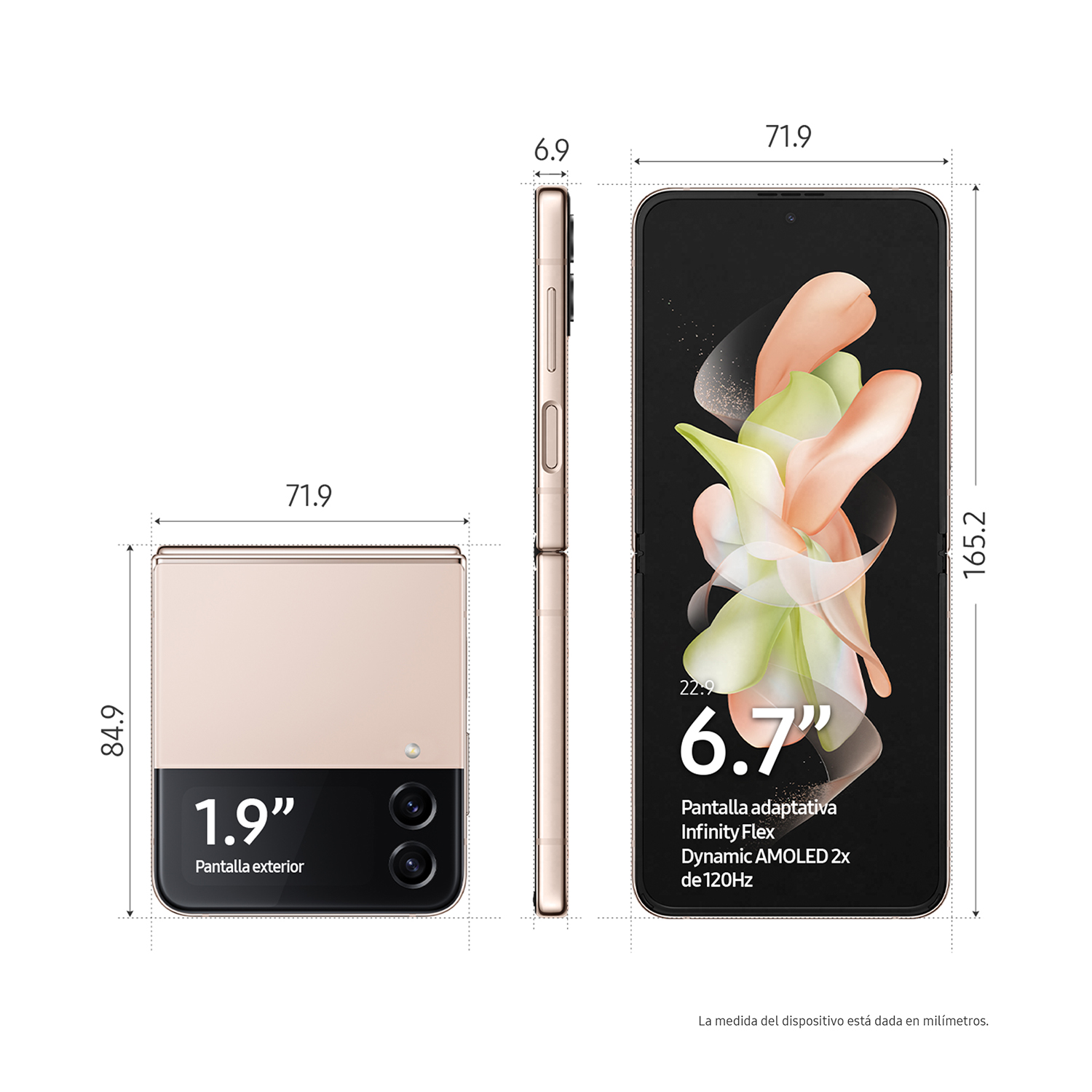 Diagrama de un teléfono plegable, que muestra dimensiones y tamaños de pantalla. El dispositivo es de color oro rosa.