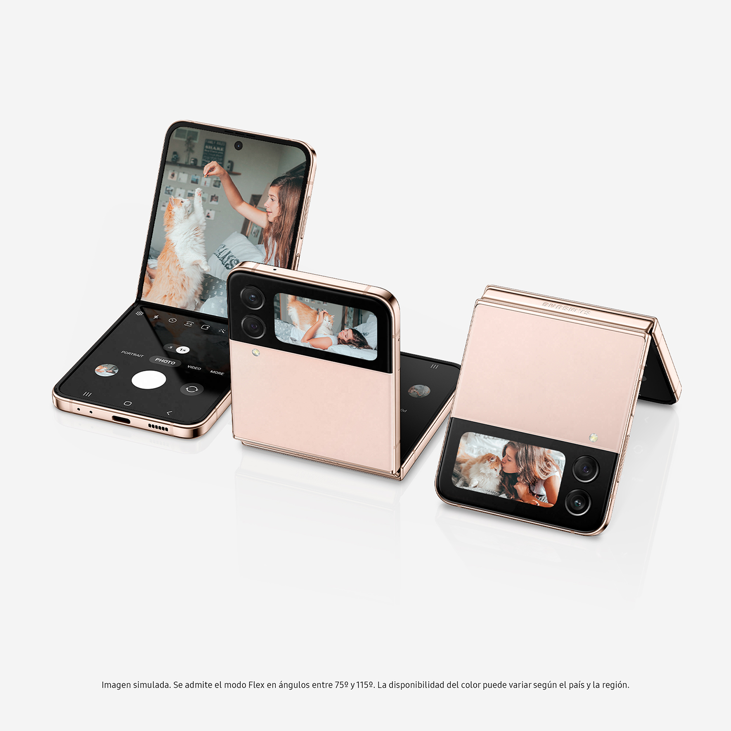 Tres teléfonos plegables rosas, mostrando diferentes ángulos y pantallas abiertas con fotos.