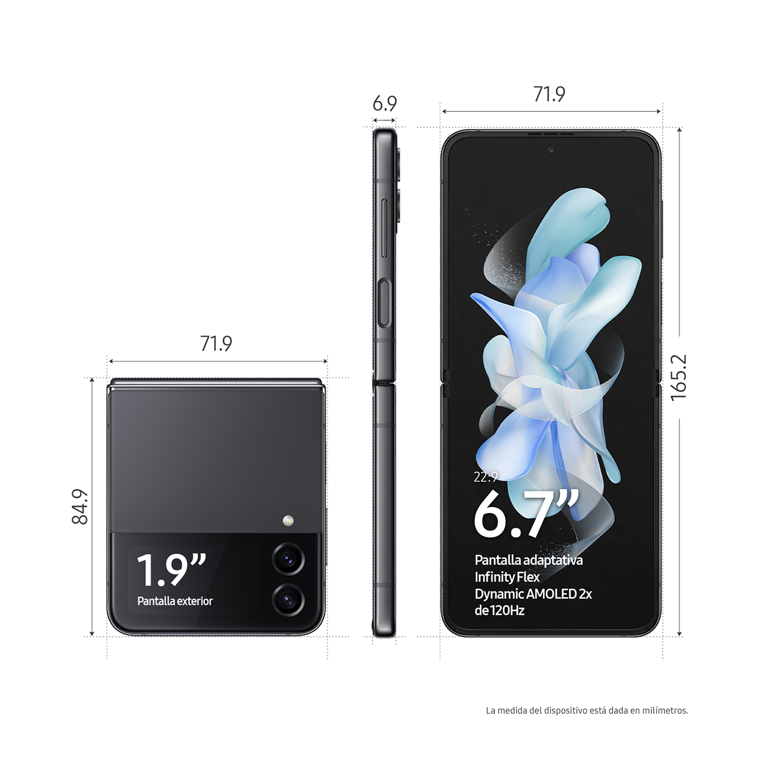 Tres vistas de un teléfono plegable negro. Muestra dimensiones y la pantalla abierta. El fondo es blanco.