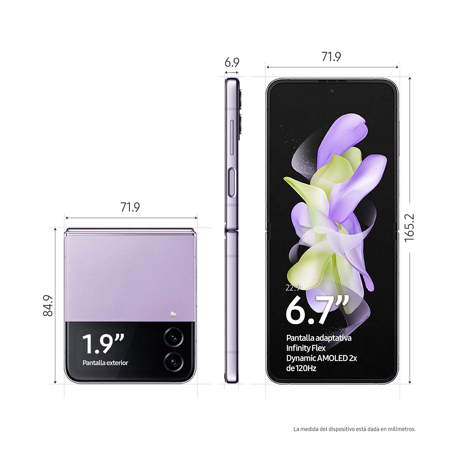 Smartphone mostrando dimensiones con pantalla morada.