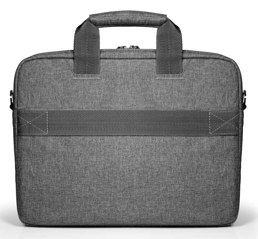 Szürke laptop táska fogantyúval és pánttal. Textúrált felület, szürke szövet. Fehér háttér.