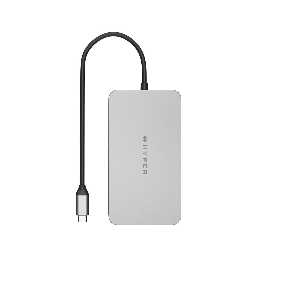 Silberner USB-C-Hub mit schwarzem Kabel. Das Wort HYPER ist aufgedruckt.