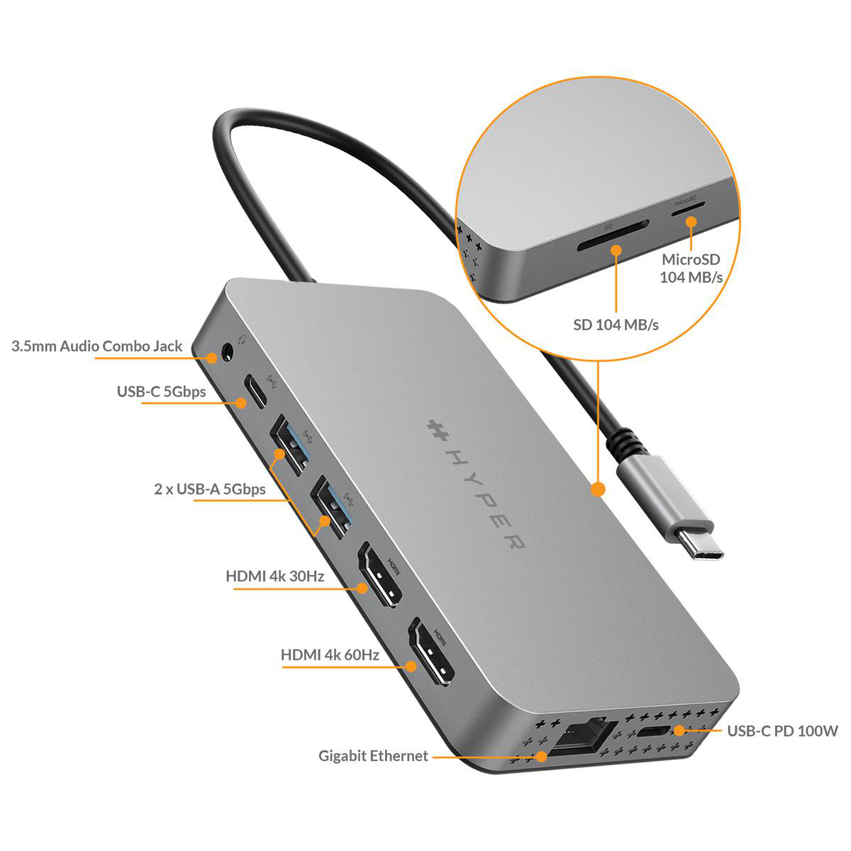 Silberner Hyper USB-C Hub mit mehreren Anschlüssen. Der Hintergrund ist weiß.
