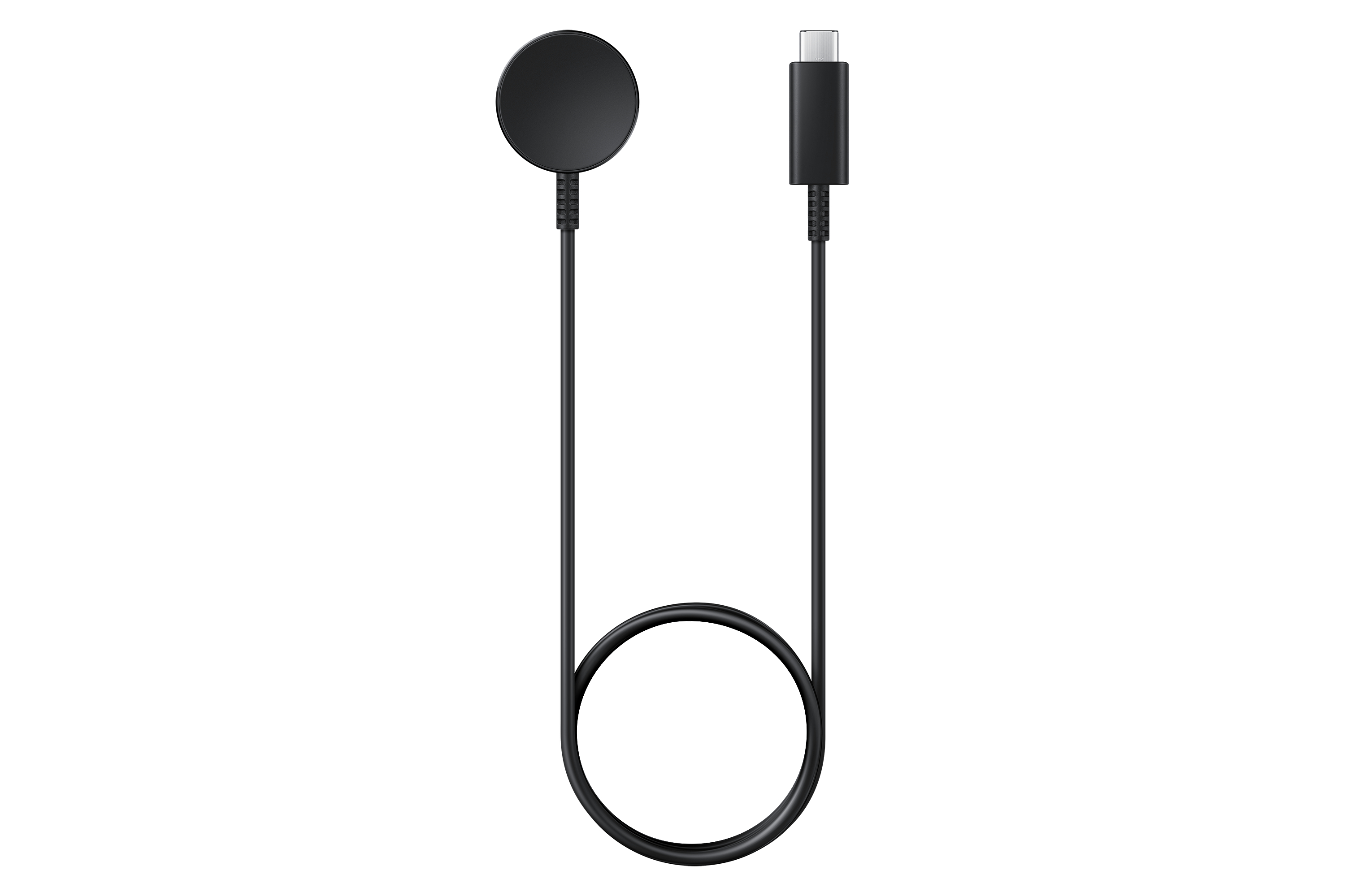 Schwarzes kreisförmiges Ladepad mit USB-C-Kabel, verbunden mit einem schwarzen Ladegerät.