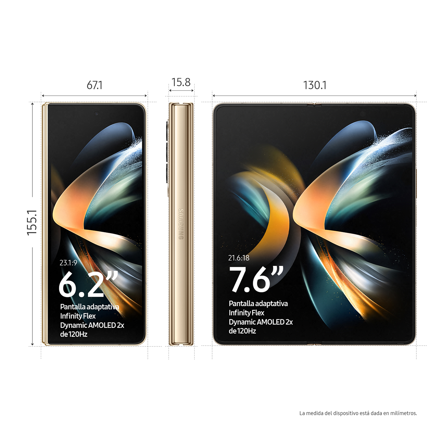 Tres teléfonos, mostrando dimensiones. El plegado es 6.2 pulgadas, el desplegado 7.6 pulgadas.