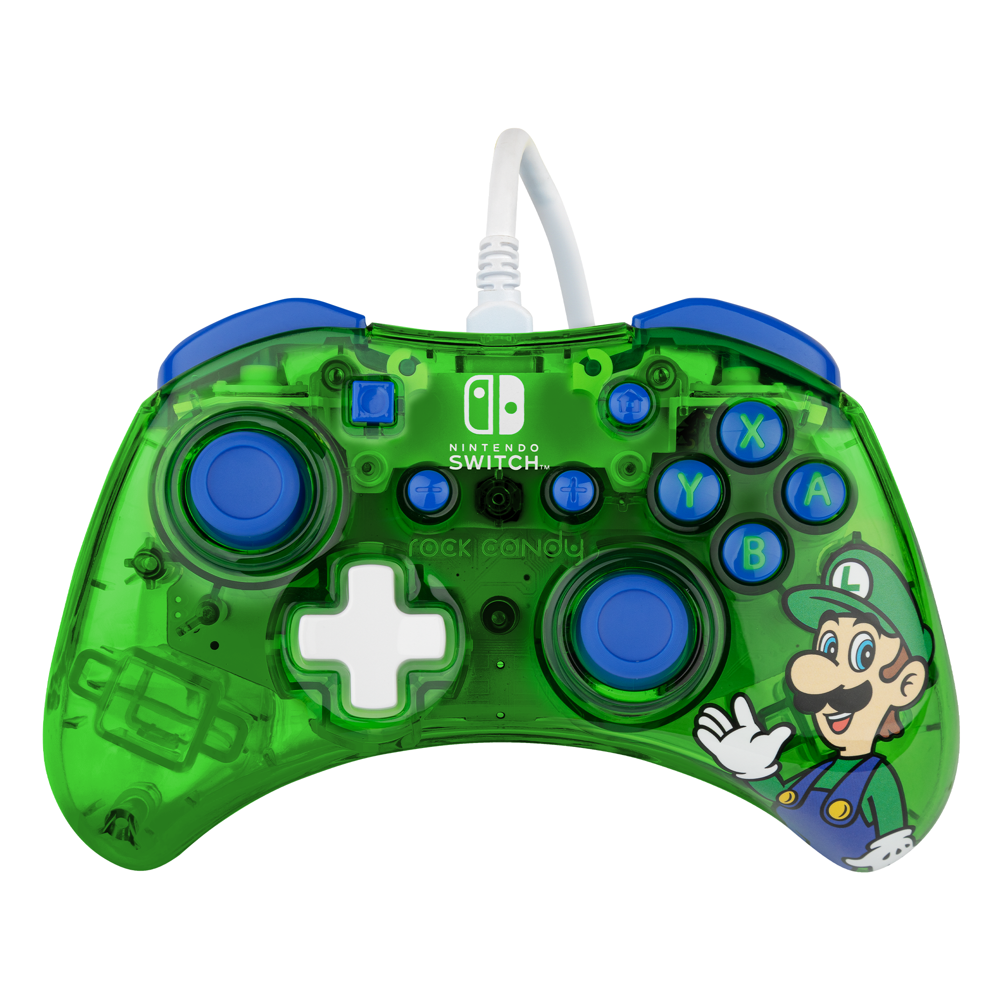 Grüner Nintendo Switch Controller mit Luigi-Design. Knöpfe und Joystick sind sichtbar.