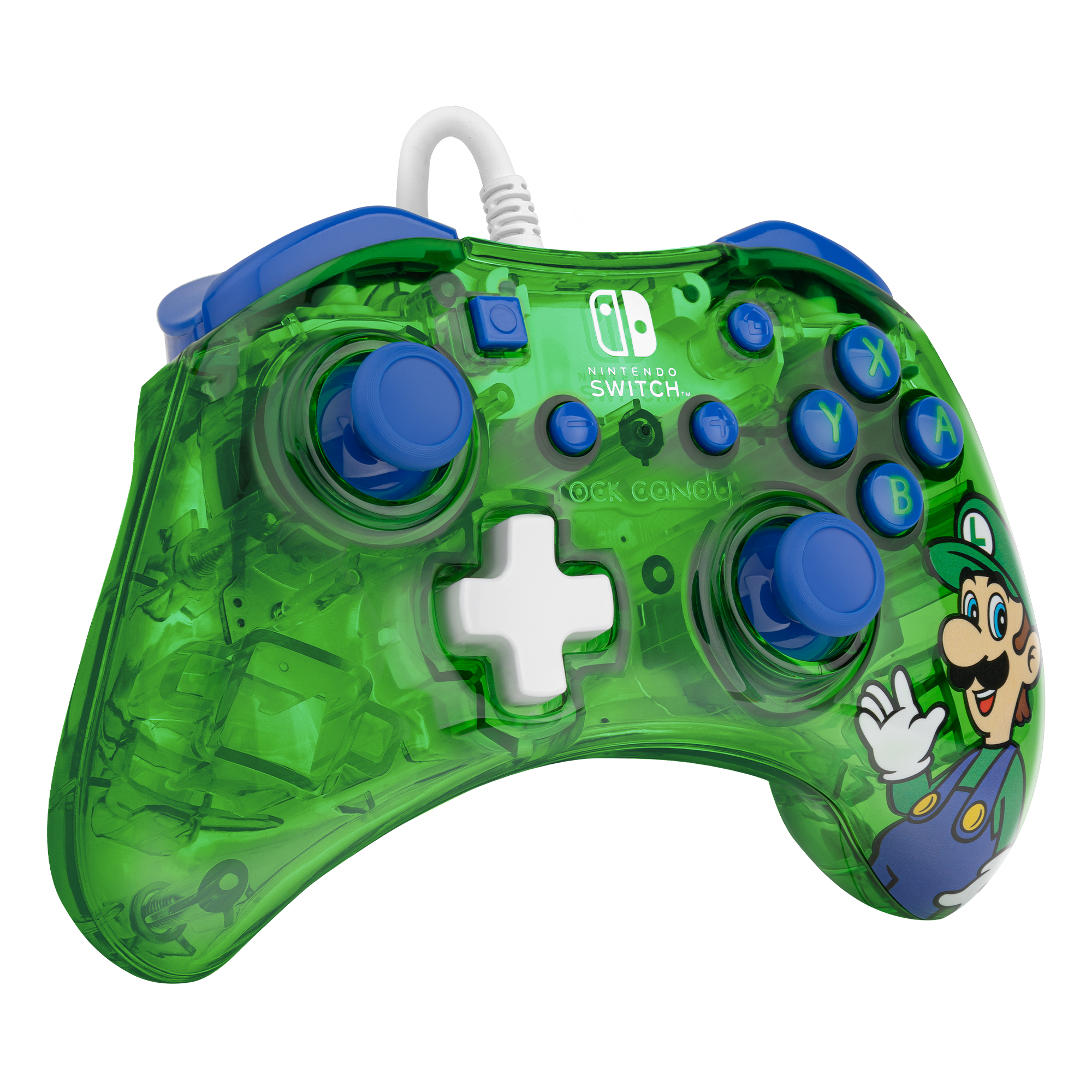 Ein grüner Nintendo Switch-Controller. Er hat blaue Knöpfe und ein weißes Kabel. Luigi ist auf der rechten Seite.