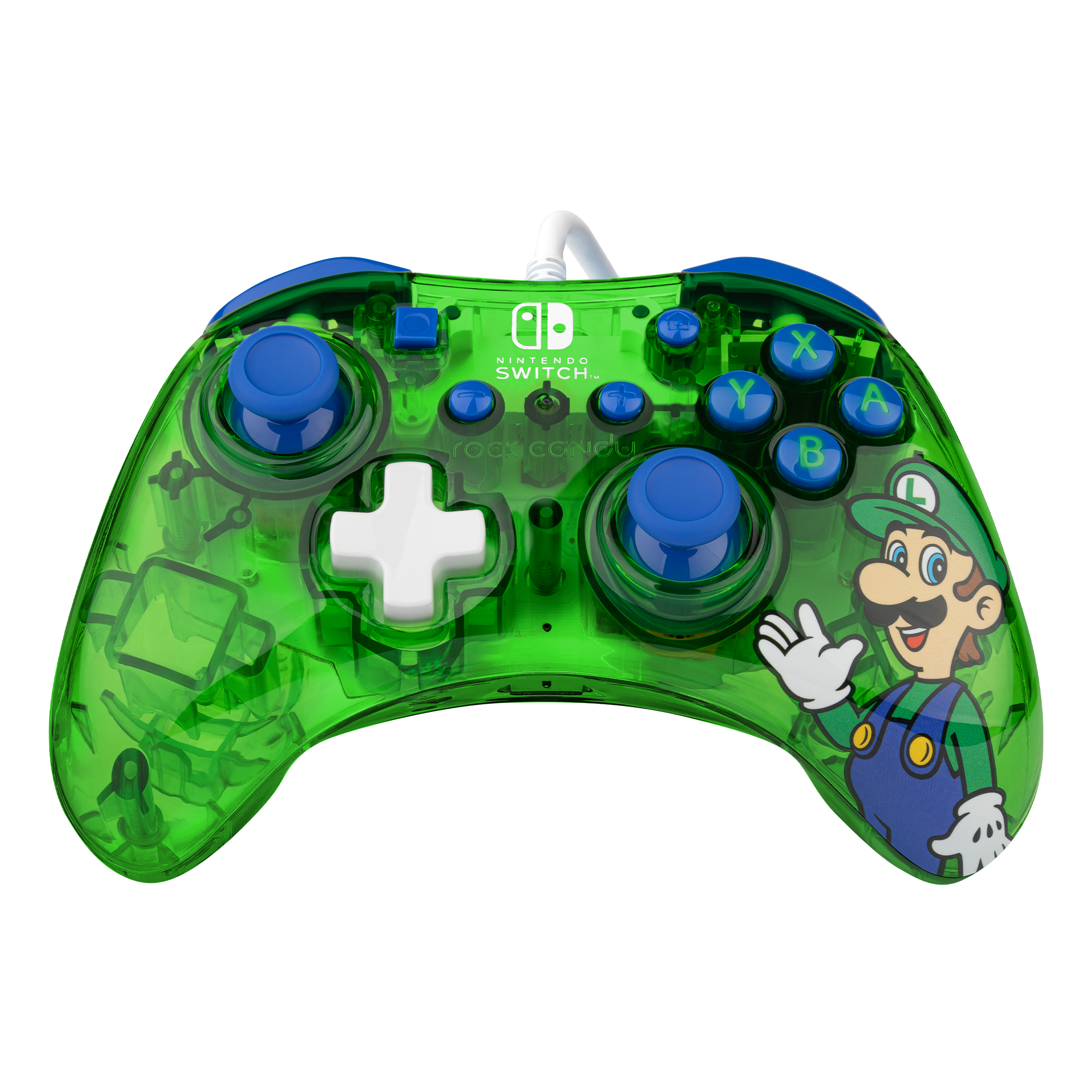 Ein grüner Nintendo Switch-Controller mit Luigi, transparentem Kunststoff und blauen Knöpfen.