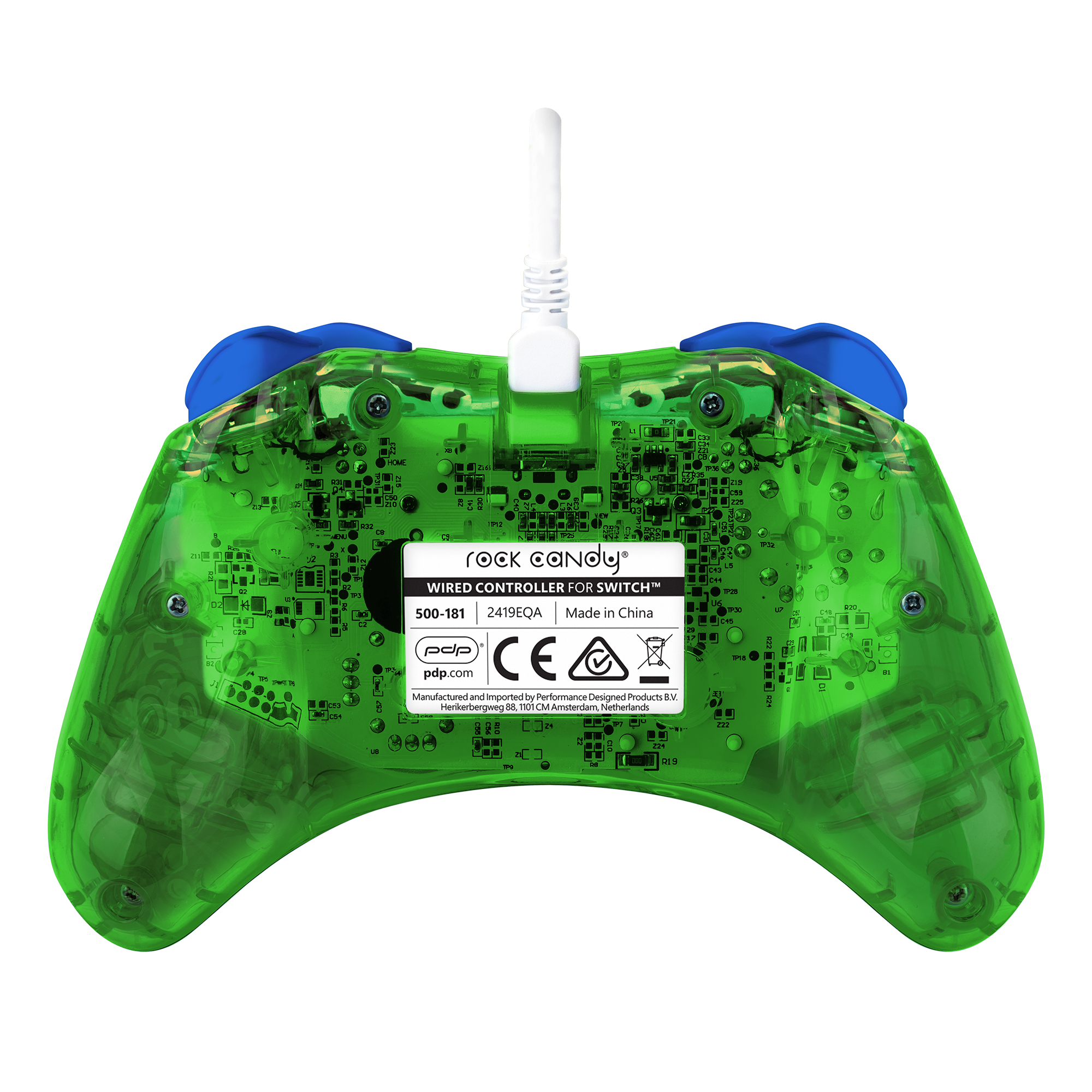 Transparenter grüner Gamecontroller mit blauen Knöpfen und weißem Kabel, schwarzer Hintergrund.