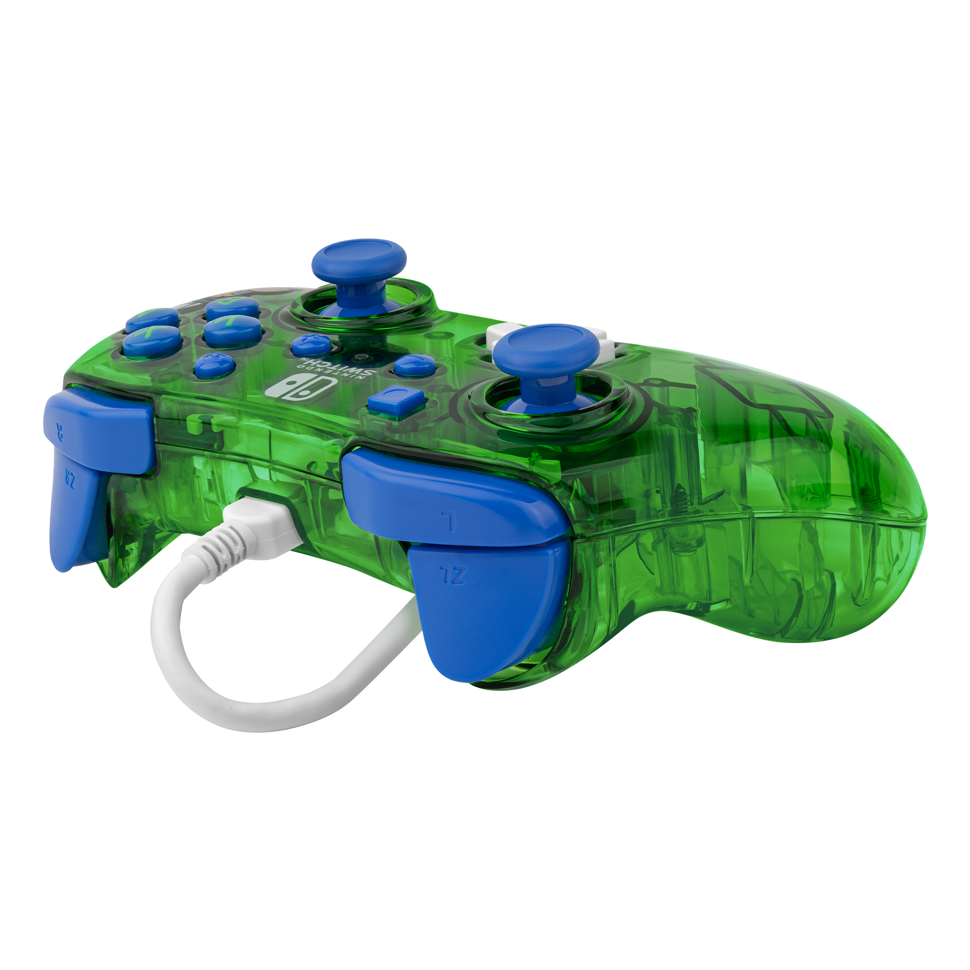Transparenter grüner Gaming-Controller mit blauen Knöpfen und weißem Kabel.