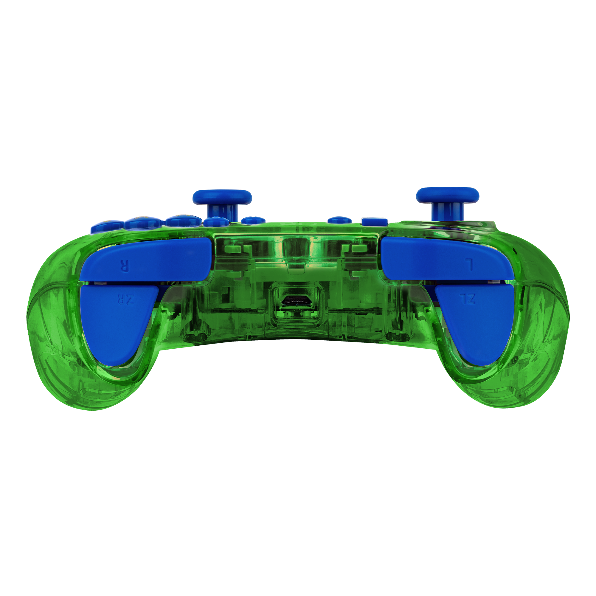 Grüner, transparenter Controller mit blauen Knöpfen, von hinten, auf schwarzem Grund.