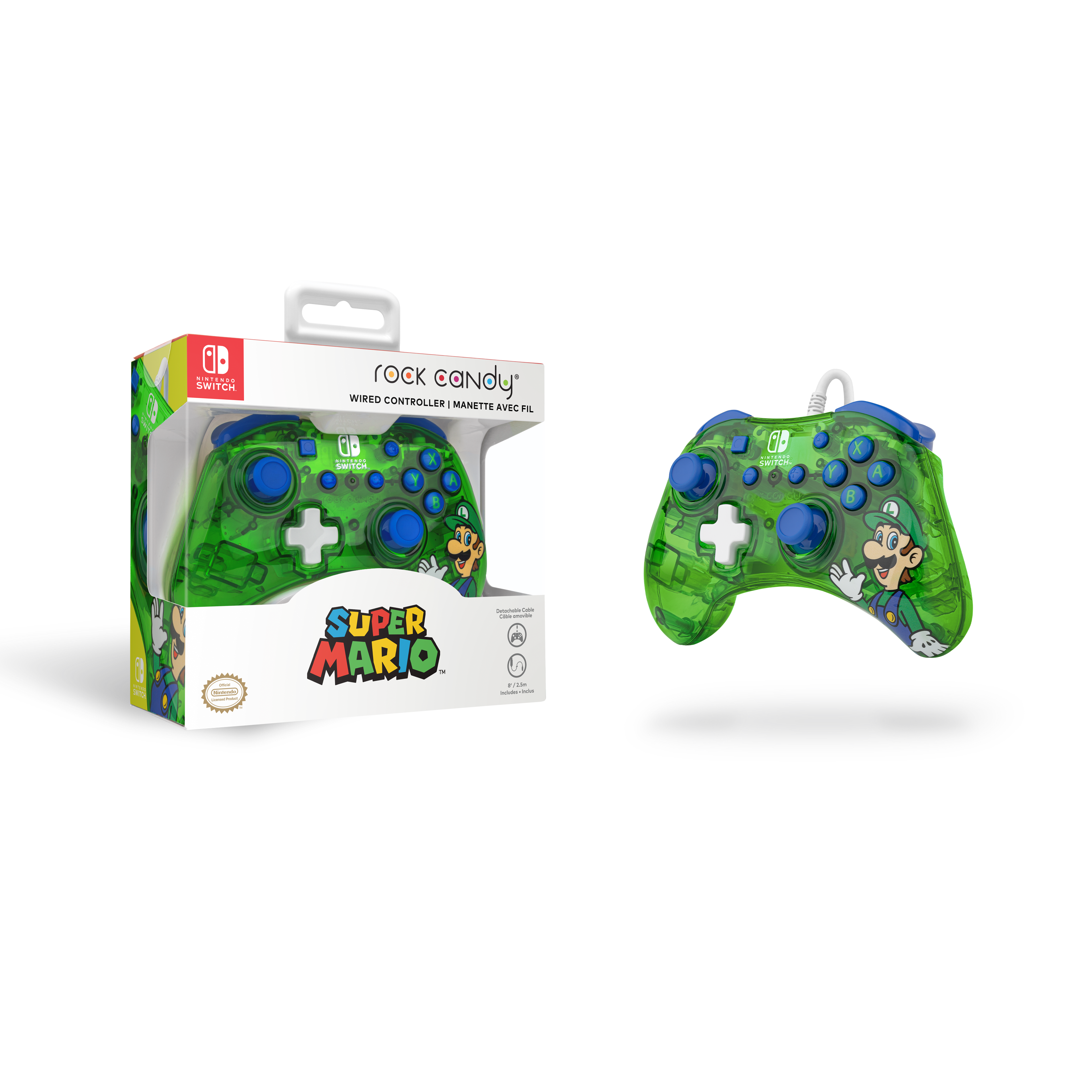 Ein grüner Nintendo Switch-Controller mit Box. Weißer Hintergrund. Der Controller ist transparent.