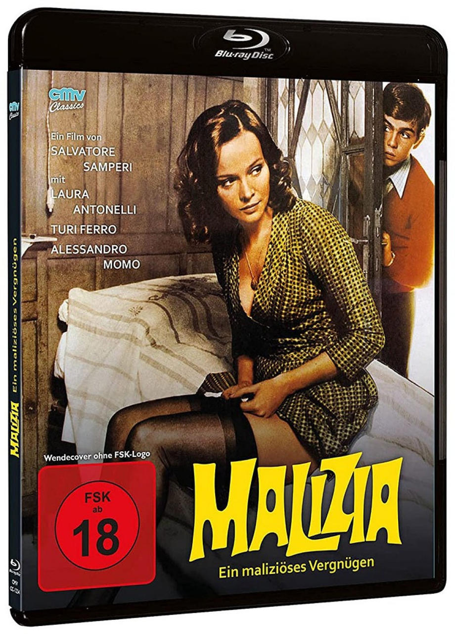 Ein Filmcover einer Frau im Kleid mit einem Mann dahinter, rotes Label.