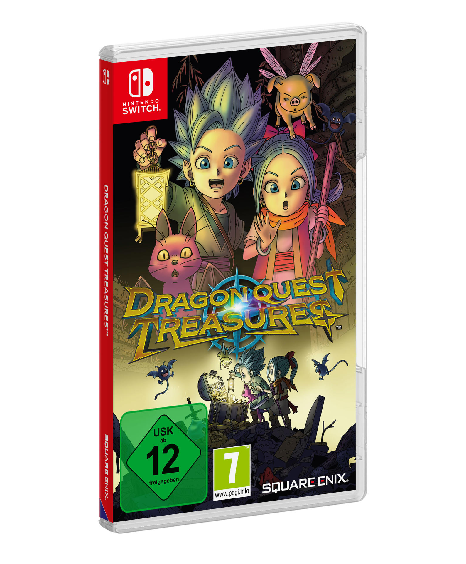 Nintendo Switch Spielbox: Dragon Quest Treasures, mit Zeichentrickfiguren.