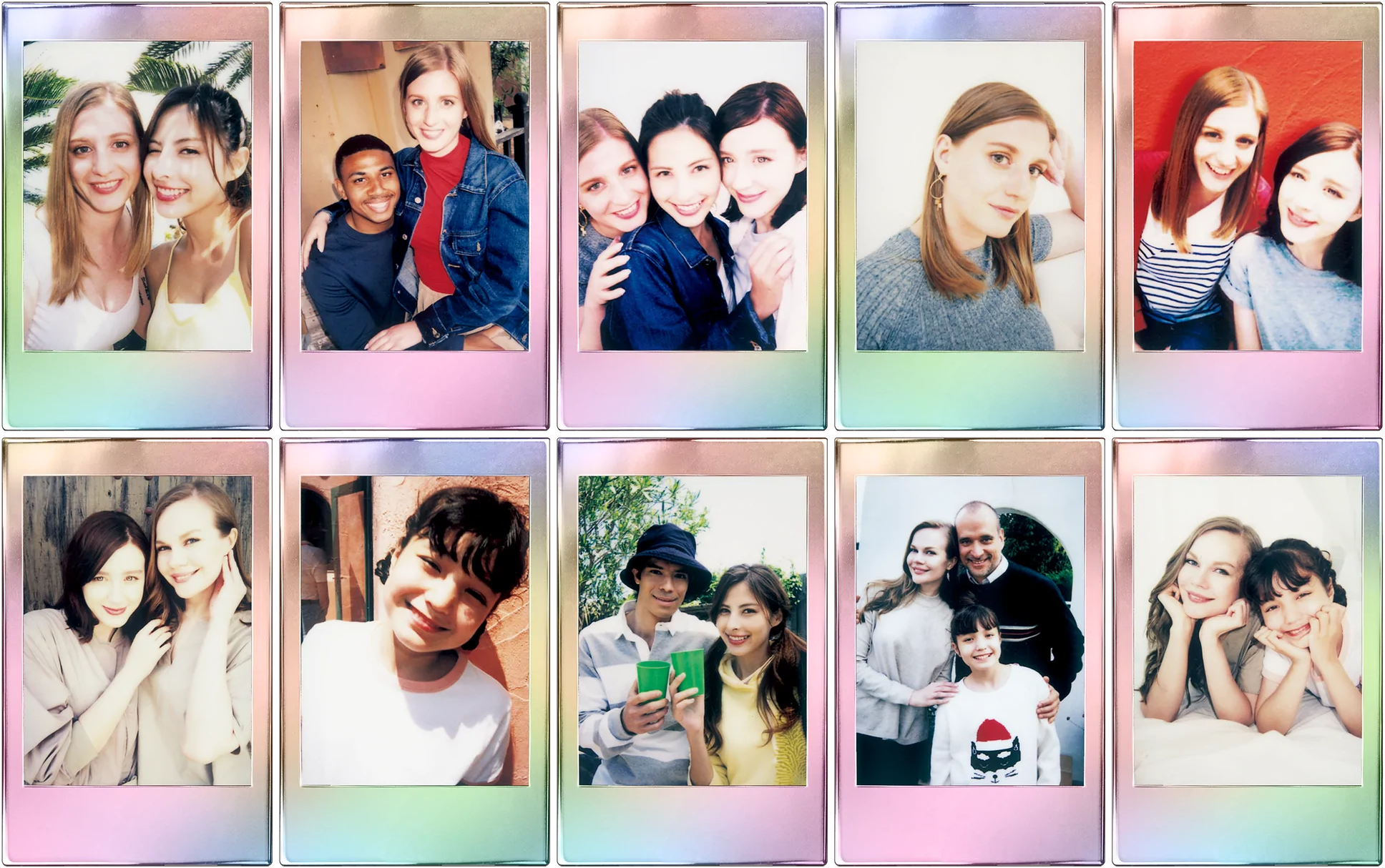 Polaroid-Fotos von verschiedenen Personen in unterschiedlichen Umgebungen, in einem Raster angeordnet.